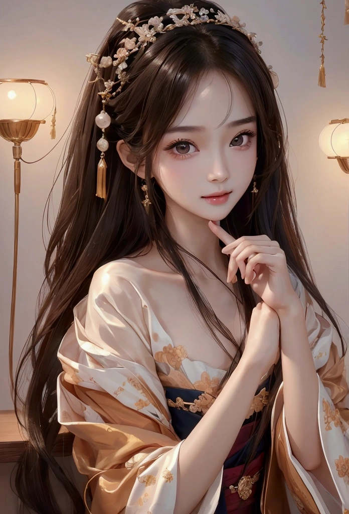 Best image quality、8k、masterpiece:1.3))、Realistic high-quality photos、Highest quality、 Beautiful face、Photos of slim models、Beautiful girl model、Young and pretty face、Beautiful model girl、A lovely and delicate face、Black Hair、Beautiful brown eyes、Young Body、Hanfu, (emphasize)、from the front、Camera gaze,、Anatomically correct、胸の谷間をemphasize、whole body、13-year-old female model、smile
