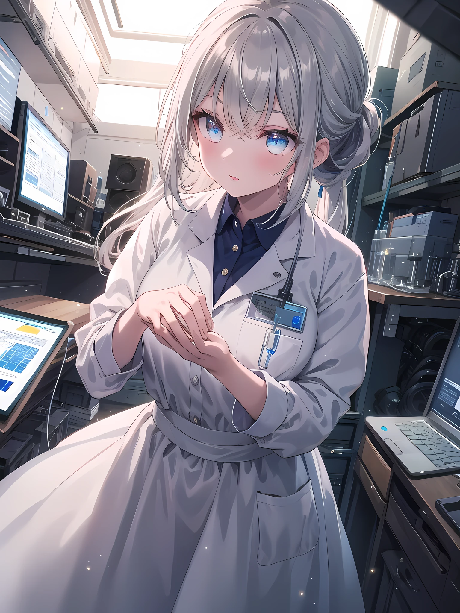 ((8k, best quality, master piece: 1.3)),super high resolution,(1 girl, solo), (colorshift eyes, hyperdetailed, expressive sparkling, glitter, glowing eyes), ultra detailed eyes, ultra-detailed face, random hair, ((silver gray color)),A beautiful female researcher. The background is a clean room, with special equipment lined up to maintain a sterile environment. The woman is wearing a blue clean room gown over her lab coat, made of lightweight nylon material that does not restrict her movement. The angle of the shot is set as a bust shot so that her expression can be seen clearly. The woman's face is made of modest makeup, and her lips have a soft beige matte texture. Her eyes are sharp and intelligent, with long eyelashes and natural eyeshadow. Her hair is tied up in a hair net, and each strand of hair is drawn realistically. Her hair is natural brown and shines in the bright lighting of the clean room.

She is looking through a microscope to observe a cell sample. She is depicted operating the adjustment dial with her right hand and entering the observation results into a laptop with her left hand. The microscope is equipped with a high-resolution camera, and the observation results are displayed on the monitor in real time. In the background, clean benches and test tube racks are arranged in an orderly fashion, along with equipment for maintaining a sterile environment. High-precision laboratory equipment is placed around her, demonstrating her high level of skill and knowledge.

The texture of her skin, the softness of the nylon material of her gown, and the way the light hits her are depicted in detail. The bright lighting of the clean room accentuates her intelligent and beautiful features, and the overall atmosphere is clean and professional. Her concentrated facial expression and precise hand movements convey her passion and pride in her research.