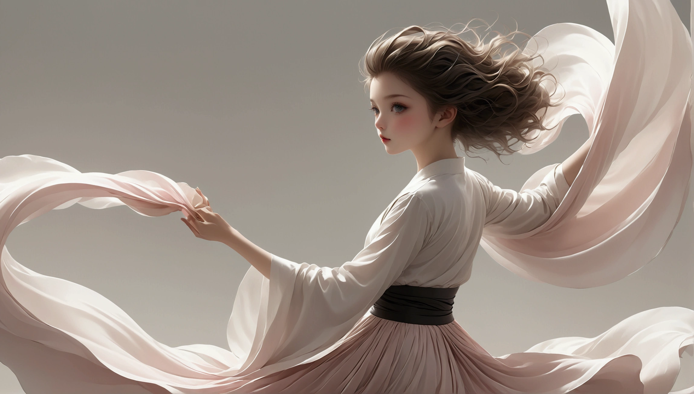 Beautiful dance photography；A little girl，Solitary；A dancing little girl；[Black Eyeball，confidence，High and cold，happy]；[Long skirt elegant style，Long sleeve；Set，Light pink and white gradient，Traditional style，The skirt has no pattern，The hem of the long skirt is like petals covering the background,Petal pattern,]；[Chinese dance]，[[[Full body panorama 1.5]]]，front；Composition：The character is on the right side of the screen；Long hair in the wind,advanced sense,Fashion, Still photography, Loop video, Fascinating movement, captivating visuals, Seamless integration, Compelling storytelling, Vortex phenomenon, Angled form, Dynamic Movement, Bold Geometric Shapes, Fragment shape, sharp contrast, Influence of modernism, nature, , modern Art, Astonishing, Unreal Background, Art from (Alessio Albi:1.1), Soft lighting, happy emotion,(close up, Face Focus), (Fractal Art) Extremely detailed,The most beautiful form of chaos, elegant； Simple style；Minimalism。Panoramic photography；Depth of Field, Extraordinary details, masterpiece, high quality, 4K，cinematic lighting, motion blur, depth of field, sparkle, ray tracing, reflection light, anatomically correct, uhd, textured skin, best quality, super detail, highres, high details, accurate, high quality, award winning