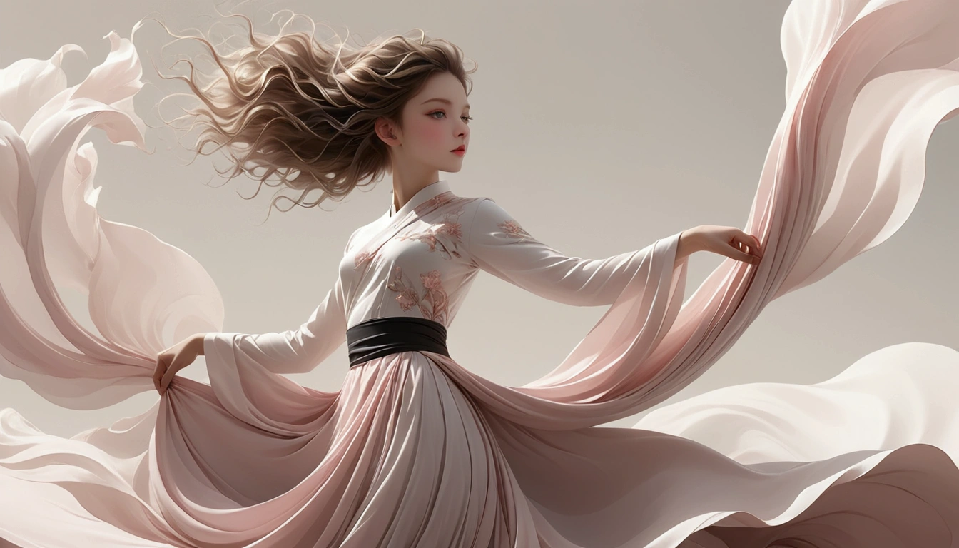 Beautiful dance photography；A little girl，Solitary；A dancing little girl；[Black Eyeball，confidence，High and cold，happy]；[Long skirt elegant style，Long sleeve；Set，Light pink and white gradient，Traditional style，The skirt has no pattern，The hem of the long skirt is like petals covering the background,Petal pattern,]；[Chinese dance]，[[[Full body panorama 1.5]]]，front；Composition：The character is on the right side of the screen；Long hair in the wind,advanced sense,Fashion, Still photography, Loop video, Fascinating movement, captivating visuals, Seamless integration, Compelling storytelling, Vortex phenomenon, Angled form, Dynamic Movement, Bold Geometric Shapes, Fragment shape, sharp contrast, Influence of modernism, nature, , modern Art, Astonishing, Unreal Background, Art from (Alessio Albi:1.1), Soft lighting, happy emotion,(close up, Face Focus), (Fractal Art) Extremely detailed,The most beautiful form of chaos, elegant； Simple style；Minimalism。Panoramic photography；Depth of Field, Extraordinary details, masterpiece, high quality, 4K，cinematic lighting, motion blur, depth of field, sparkle, ray tracing, reflection light, anatomically correct, uhd, textured skin, best quality, super detail, highres, high details, accurate, high quality, award winning