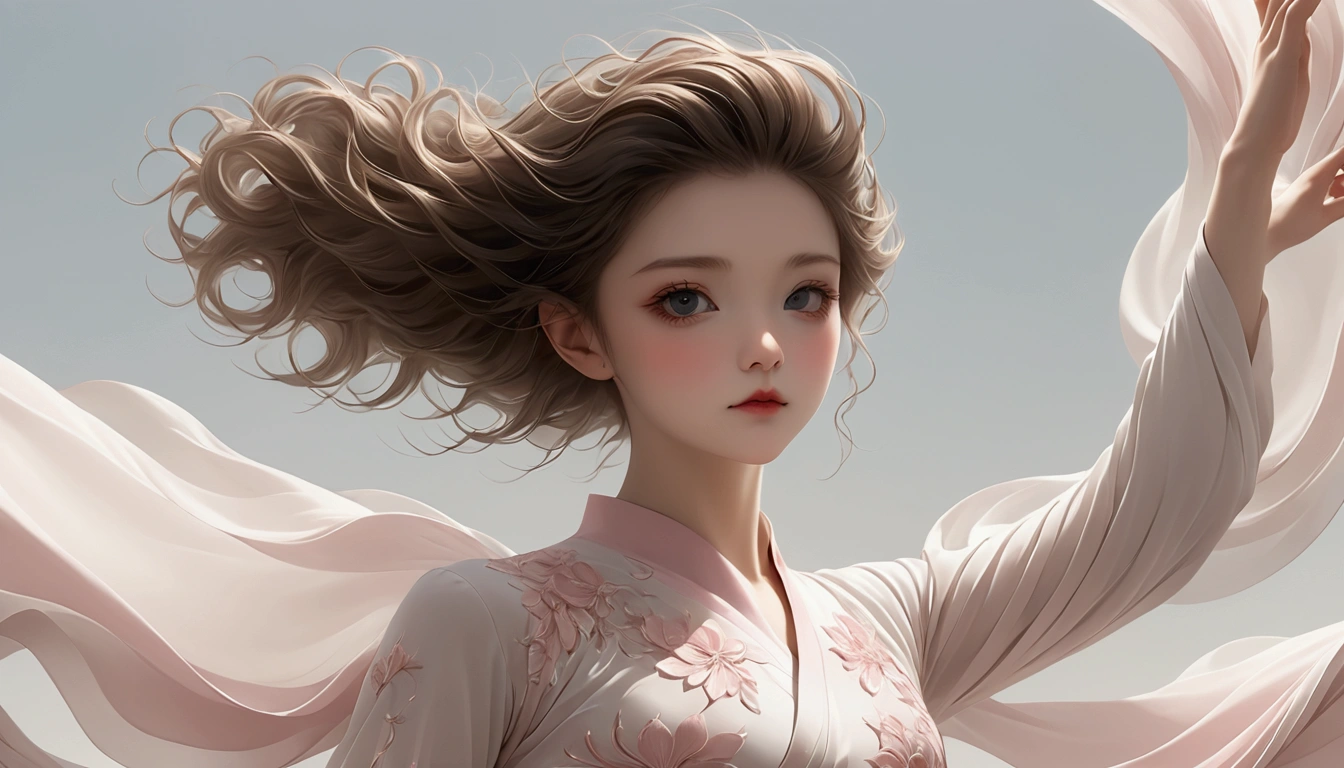Beautiful dance photography；A little girl，Solitary；A dancing little girl；[Black Eyeball，confidence，High and cold，happy]；[Long skirt elegant style，Long sleeve；Set，Light pink and white gradient，Traditional style，The skirt has no pattern，The hem of the long skirt is like petals covering the background,Petal pattern,]；[Chinese dance]，[[[Full body panorama 1.5]]]，front；Composition：The character is on the right side of the screen；Long hair in the wind,advanced sense,Fashion, Still photography, Loop video, Fascinating movement, captivating visuals, Seamless integration, Compelling storytelling, Vortex phenomenon, Angled form, Dynamic Movement, Bold Geometric Shapes, Fragment shape, sharp contrast, Influence of modernism, nature, , modern Art, Astonishing, Unreal Background, Art from (Alessio Albi:1.1), Soft lighting, happy emotion,(close up, Face Focus), (Fractal Art) Extremely detailed,The most beautiful form of chaos, elegant； Simple style；Minimalism。Panoramic photography；Depth of Field, Extraordinary details, masterpiece, high quality, 4K，cinematic lighting, motion blur, depth of field, sparkle, ray tracing, reflection light, anatomically correct, uhd, textured skin, best quality, super detail, highres, high details, accurate, high quality, award winning