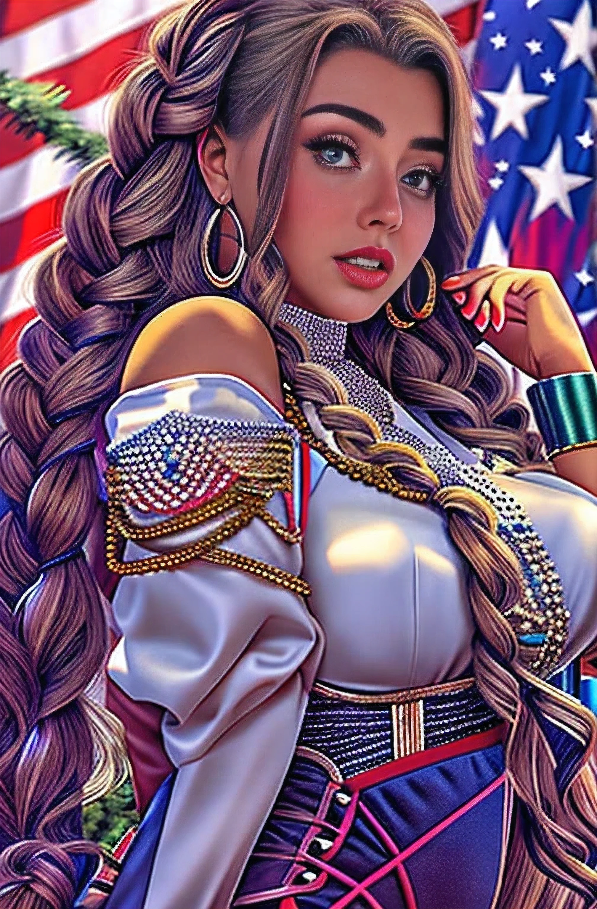 photo of alluring beautiful woman, curvy, sparkling, bright eyes, long braids, American flag waving (masterpiece) (best quality) (detailed) (8k) (HDR) (wallpaper) (cinematic lighting) (sharp focus) (intricate), cum