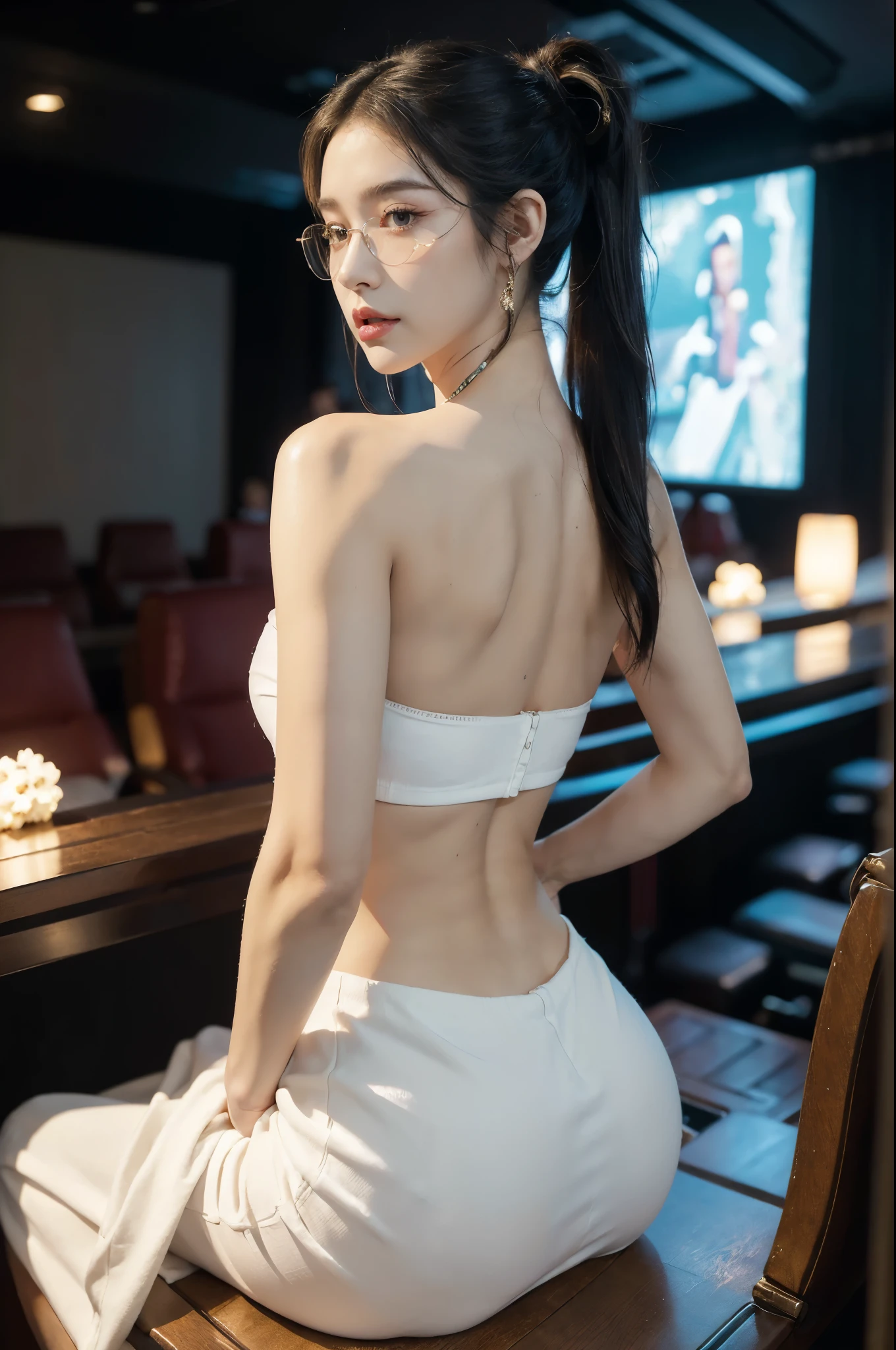 (((best quality))),(((ultra detailed))),(((masterpiece))),illustration,((a beautiful girl,solo)),(short ponytail:1.2),(glasses:1.2),((slim,thin)),((strapless,bare back,towering hips,butt crack)),(sitting:1.3),(in a movie theater:1.3),((white shirt,white flowing long skirt)),elegant, youthful innocence, radiant skin, focused eyes,(movie screen:1.2), (dimly lit:1.5), plush seating, intricate decorations, freshly popped popcorn, anticipation, peaceful expression, cozy surroundings, summer,(night scene:1.3),(Luxurious decoration:1.3), tranquility, joy,((Future technology sense, cyberpunk style)),((from back,upper body))