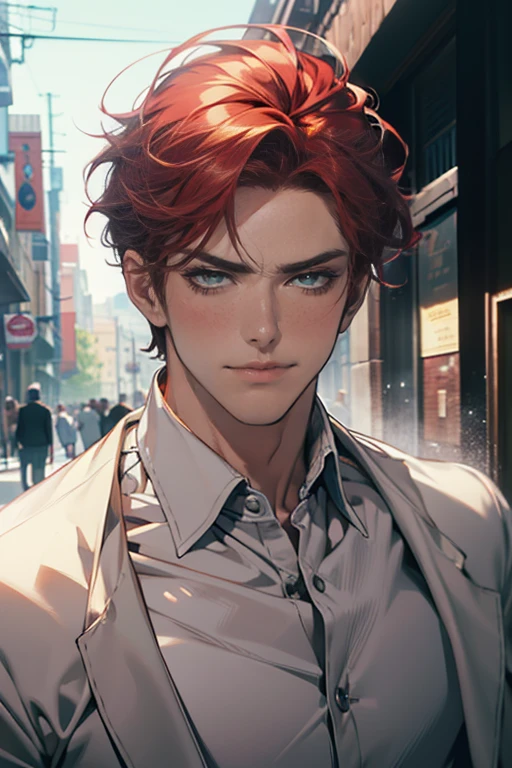 (tmasterpiece, high resolution, ultra - detailed:1.0), (1 male, masculine face), Perfect male body, tall and strong, Adult male, Delicate eyes and delicate face, Extremely detailed CG, Unity 8k wallpaper, Complicated details, Detailed face, ( short  gray red hair, serious faces, white shirts,Bad students), (frown,smile:1.3), stad in school corridor, street style, color difference, Depth of field, dramatic shadow, Ray tracing, Best quality, Cinematic lighting, offcial art,Portrait