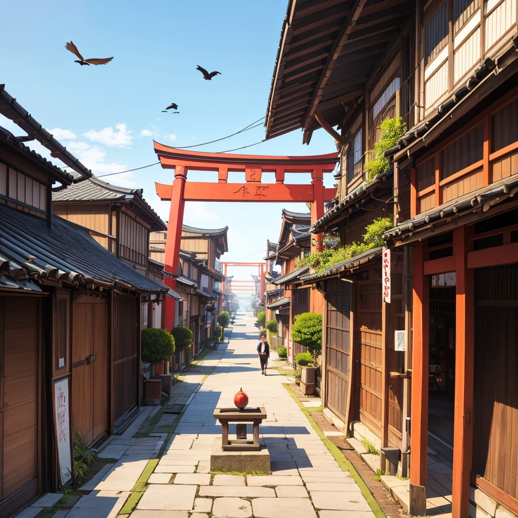 (Bird's View) Festival in medieval Japanese city, giant torii