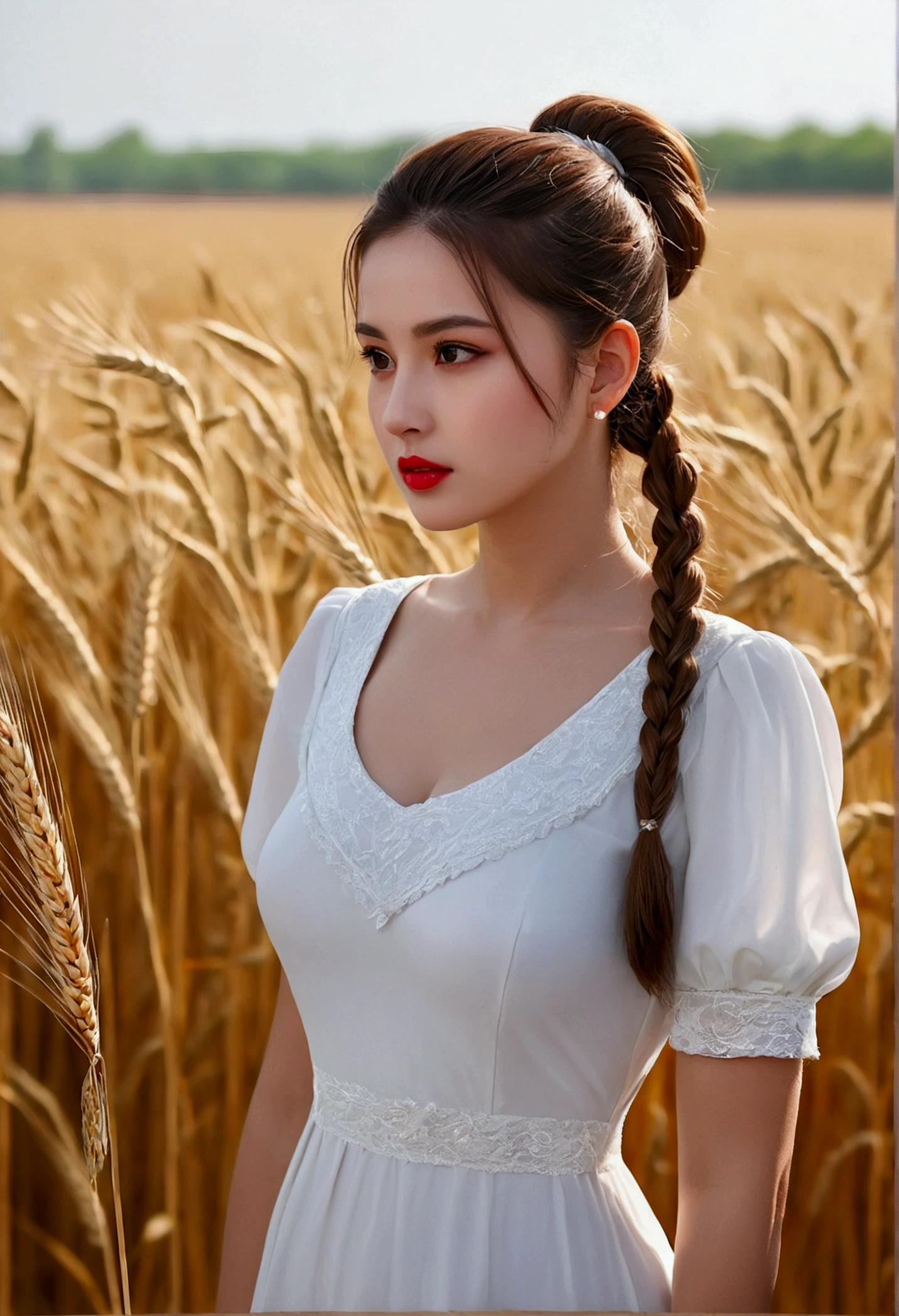 (Masterpiece:1.4),, (Best quality:1.4),, Ultra precise,, 8 k, CG,, (Very delicate and beautiful:1.2),, , Upper body,, from side,, Looking at the viewer,, , 1girl,, Single,, Fascist girl,, Mature girl,, , cute, sweet,, , In the wheat field,, Blur background,, , Long brown hair,, ponytail hair,, , Brown eyes,, Closed mouth,, red lips,, , A face wiped by the wind,, , White dress,, Medium breast,