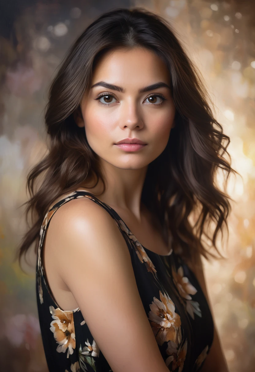 portrait of a woman, capturing the expressive eyes and determined look, soft backlight illuminating her features, studio setting, high-key lighting, shallow depth of field, bokeh effect in the background, painterly style with emphasis on textural brushstrokes, oil on canvas, nuanced with subtle earth tones, dramatic lighting, ultra realistic. wearing beautiful black floral dress