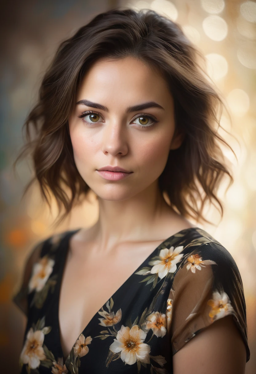 portrait of a woman, capturing the expressive eyes and determined look, soft backlight illuminating her features, studio setting, high-key lighting, shallow depth of field, bokeh effect in the background, painterly style with emphasis on textural brushstrokes, oil on canvas, nuanced with subtle earth tones, dramatic lighting, ultra realistic. wearing beautiful black floral dress