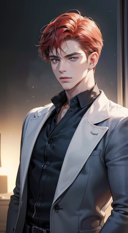 (best quality, masterpiece, 8K, photorealistic, cinematic lighting, 1:4 hdr image, ultra detailed, beautiful image), a man, 34 years very handsome, ((cold expression)), short red hair, blue eyes, face perfect without mistakes, ((buttonhis jacket, CEO))