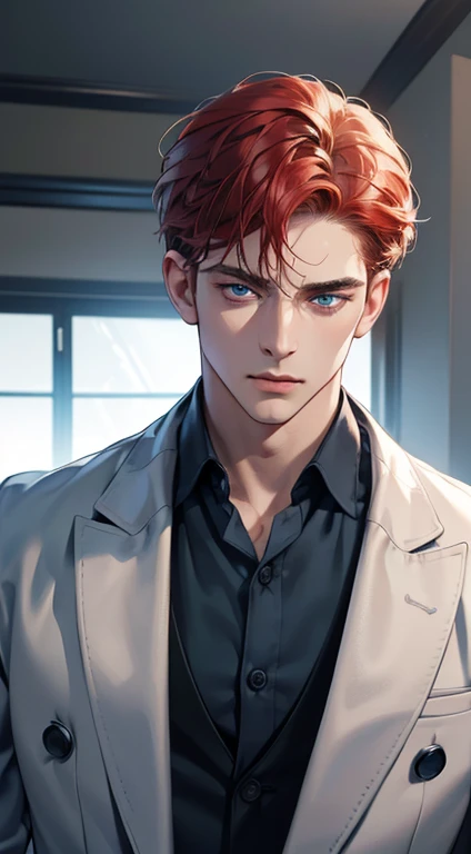 (best quality, masterpiece, 8K, photorealistic, cinematic lighting, 1:4 hdr image, ultra detailed, beautiful image), a mature man, 34 years very handsome, ((cold expression)), short red hair, blue eyes, face perfect without mistakes, ((buttoning his jacket, CEO))