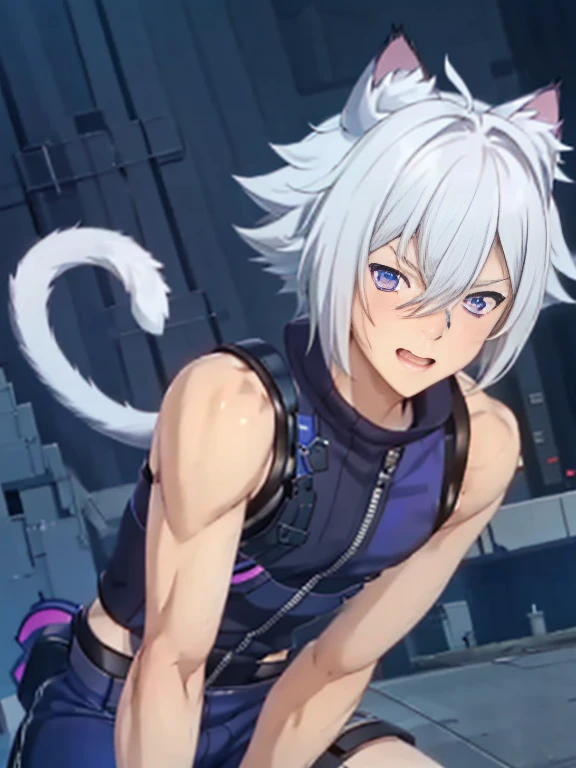 1 young person,alone,18-year-old,male,Shocked facial expression,blush,good looking,White hair Blue eyes,Purple eyes, Cat ear　Side view　Kneeled　Open your mouth and scream　suffer　Sleeveless, wistful expression　Exposure to electricity　Get it　Thick tail　Upper body naked