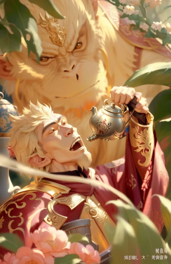 Close up of monkey Sun Wukong holding a teapot, sun wukong, wukong, Yerba mate painting, Surrealism & D Fantasy Art, from dungeons & dragon, High Detail, d & d Number, Laziness is the Holy Grail King, Inspired by Huang Shen, Mage pipe, monk, Inspired by Li Kan