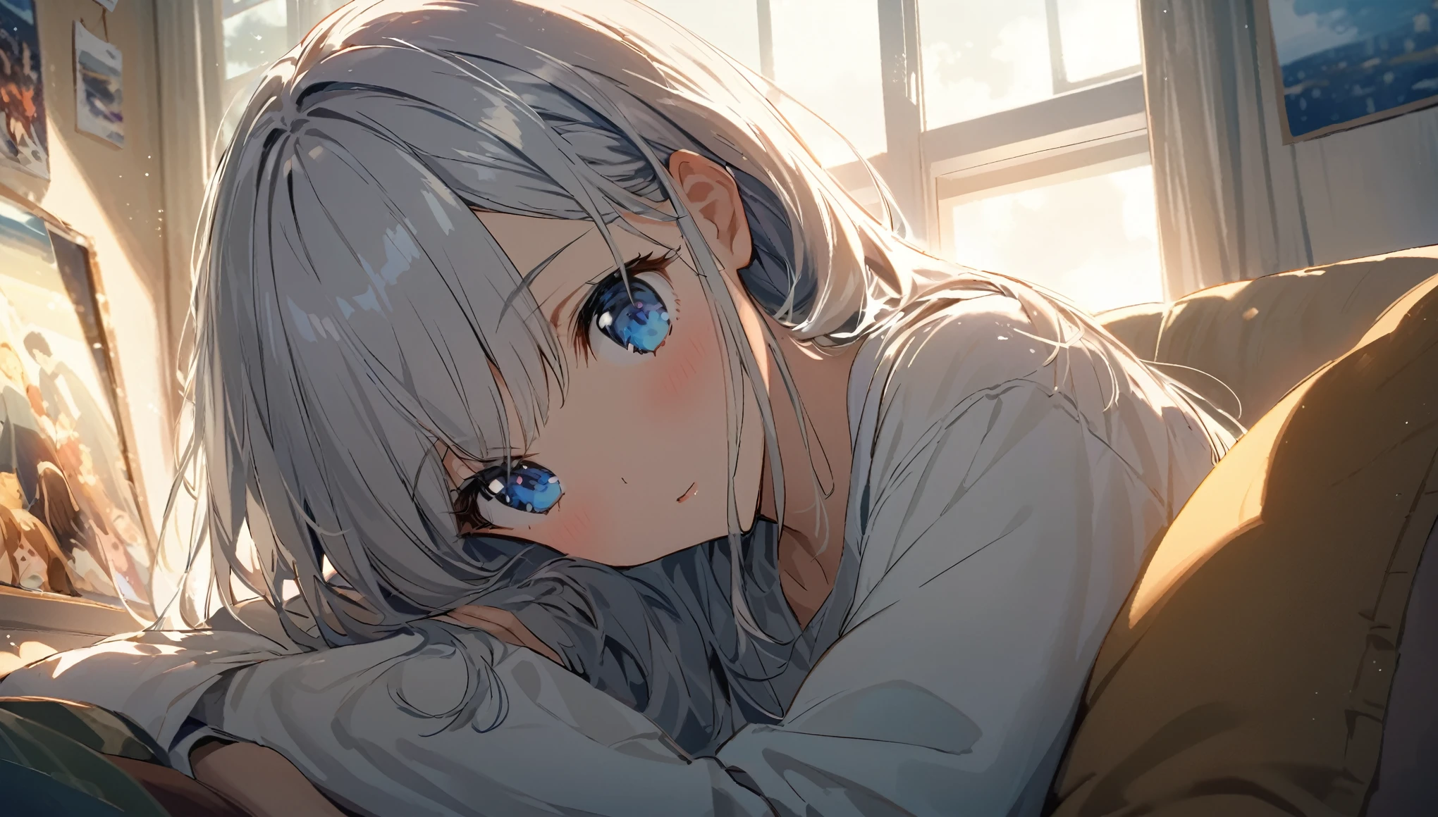 The bright morning sky can be seen from the large window.、In a cozy room with lots of sunlight。A young woman with silver hair and blue eyes sits on a sofa、「MORNING」I am eagerly reading a book entitled。She is relaxed、Wearing a light-colored long-sleeved shirt and pants。The walls of the room are decorated with々There are posters and photos on display.、It creates a unique and nostalgic atmosphere.。The warm sunlight streaming through the window creates soft, glowing highlights on her hair and face.、It creates a quiet and thoughtful atmosphere.。