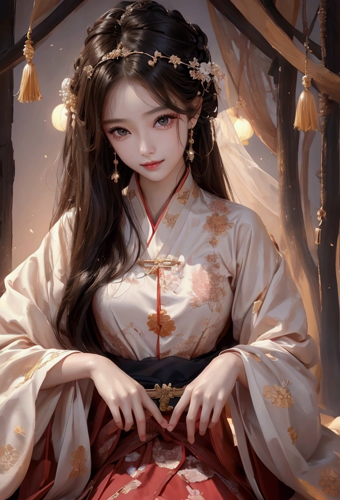Best image quality、8k、masterpiece:1.3))、Realistic high-quality photos、Highest quality、 Beautiful face、Photos of slim models、Beautiful girl model、Young and pretty face、Beautiful model girl、A lovely and delicate face、Black Hair、Beautiful brown eyes、Young Body、Hanfu, (emphasize)、from the front、Camera gaze,、Anatomically correct、胸の谷間をemphasize、whole body、13-year-old female model、smile