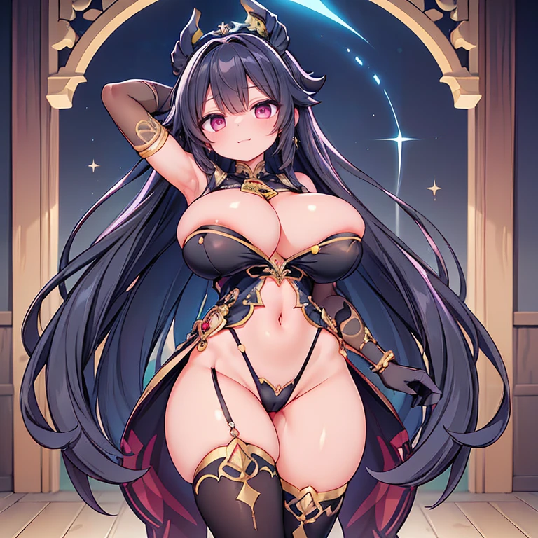 Anime Kawaii sexy Perfect Slim sensual body large breast and huge thighs, An intricate and highly detailed illustration of anime (Young girl). (work of art), (best qualityer), (extremely detaild),extremely detaild CG unity 8k wallpaper,offcial art,expressive eyes,Lonely, (Arm stretch, Smile 1.2), (1 girl, mature woman, breasts big, big-ass,Bblack hair, long hair, eyes black, dark skinned women), (sleeveless, Large V-Neck Competitive Swimsuit,aretes,被big-ass撑起来的竞技泳衣,huge ass ,showing breasts,relatively high,Waist slender,golden pattern,Embroidered Shoes,black elbow gloves, jewerly, clamp, Ajurna - First Ascension:1.3),Ningguang(impacto genshin)