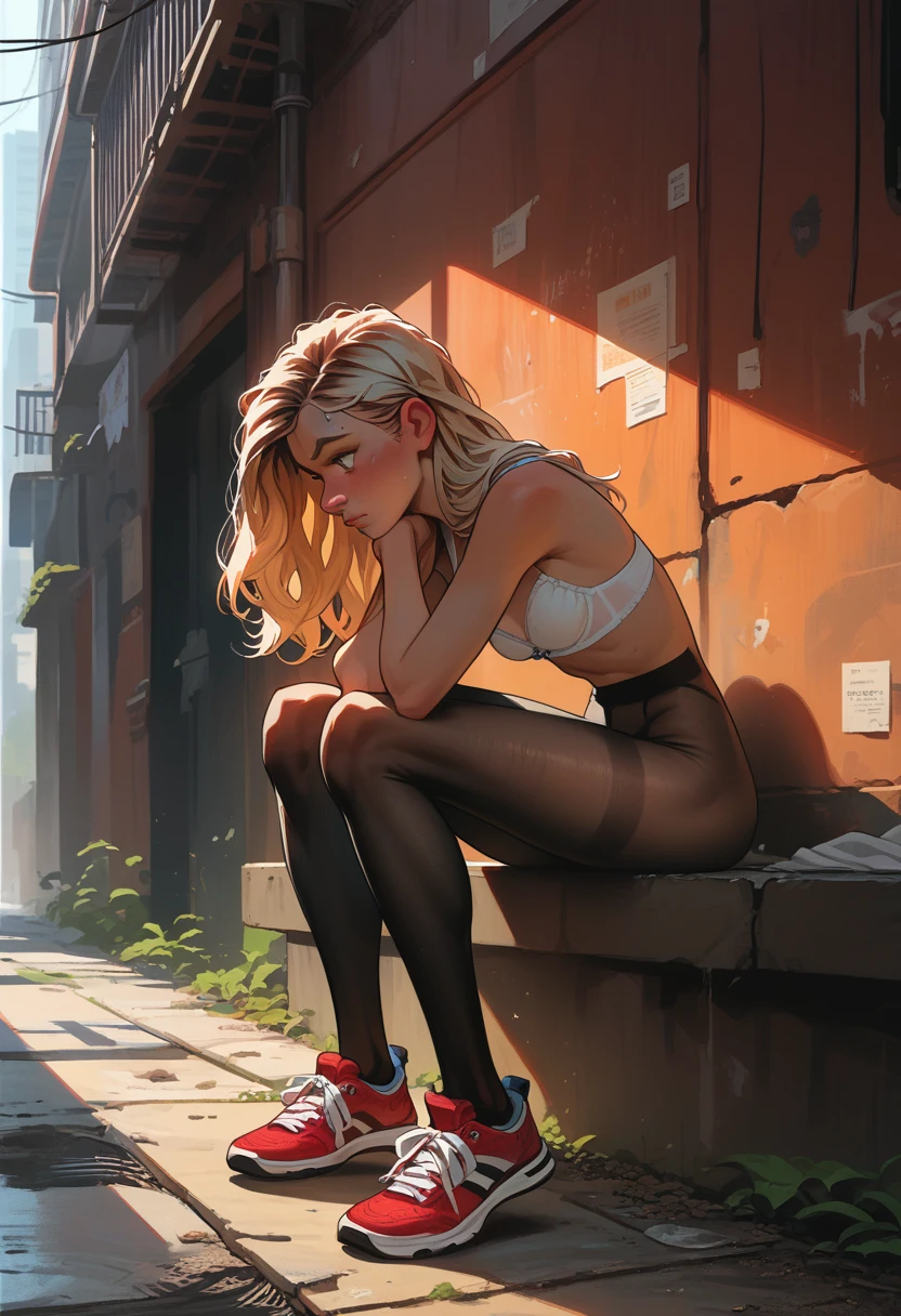 1girl, 18 years old, gwen stacy, small breasts, bigger hips, sitting, Bent down, new york, white bra,changing clothes, gray eyes, blondie hair, long hair, pantyhose, red sneakers, detailing face, detailing body, an abandoned alley, street, trembling, visible trembling, cold, black pantyhose,cinematic lighting, cowboy shot, back pack