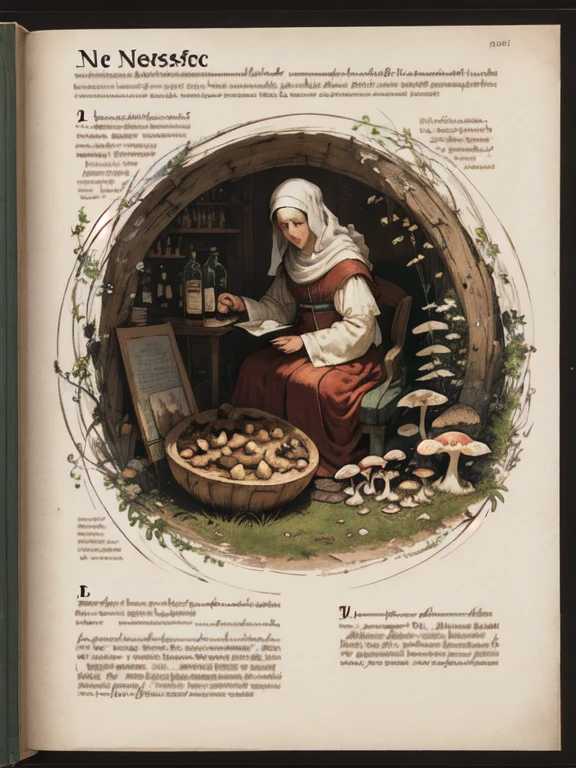 (Best quality, high quality, masterpiece:1.2), Medieval art, Byzantine, Island art, forgotten_magic potion bottle pages, (Mushroom tincture "Nescafe"),, recipe, Mushrooms, Herbage, text,