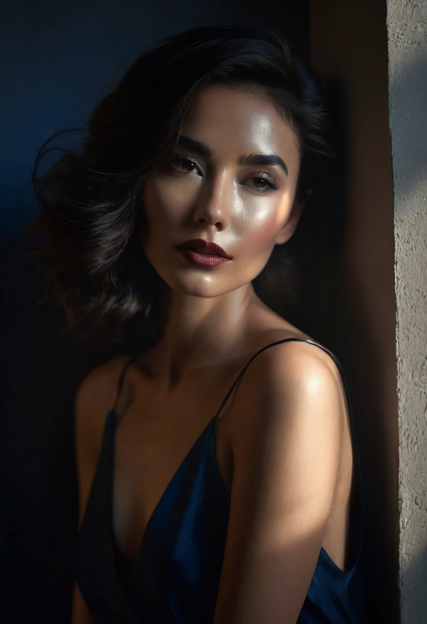 woman bathed in soft light, leaning against a wall, looking into the camera in a moment of raw emotion. Her attire is minimal, accentuating her beauty with the dramatic shadows cast by the lighting. The background is stark, with sharp contrasts highlighting the contours of her form. The blue and black palette intensifies the mood, evoking a sense of mystery and allure. Subtle film grain and meticulous shading add depth and texture, emphasizing the emotional gravity of the scene. The lighting creates a chiaroscuro effect, accentuating her expressive pose and the intense atmosphere.