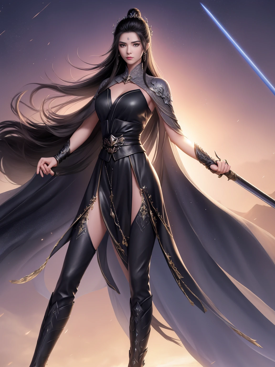 1 Girl, Mature female,Sword-like eyebrows and starry eyes, black tight clothes, long sword in hand, flowing cloak, long hair tied up, cold expression, dark leather boots, fighting posture, sharp eyes, strong physique, brave and fearless, grassland background, sunset afterglow, dust flying, two swords staggered