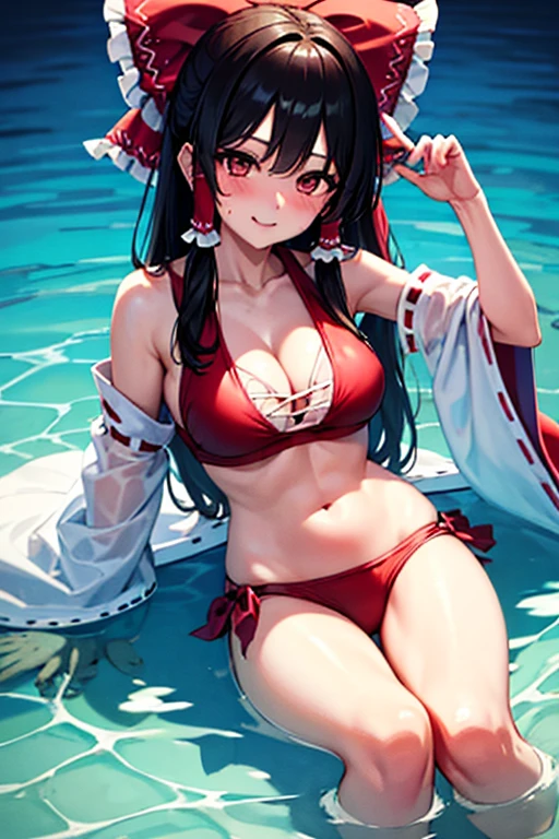 Reimu, a gravure idol, happily splashing around in the sea in a glamorous swimsuit