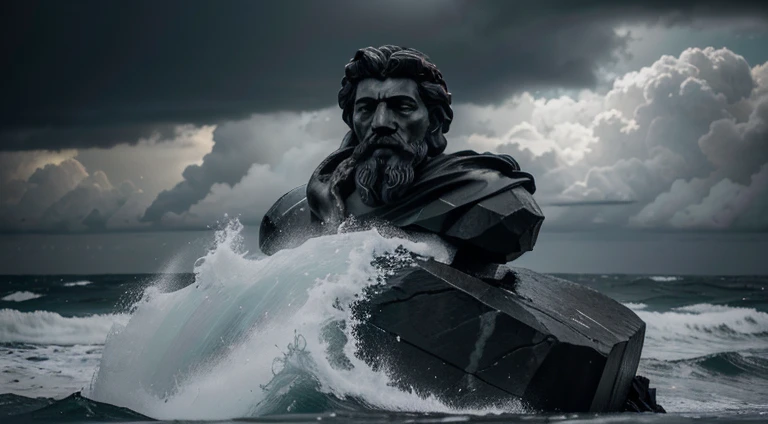 A powerful image of a wise-looking character resembling Marcus Aurelius in black and white colors featuring stoic philosopher in form of sculpteres standing firm amidst a stormy sea, symbolizing resilience and inner strength, with the character's face calm and composed. HYPER REALISTIC   