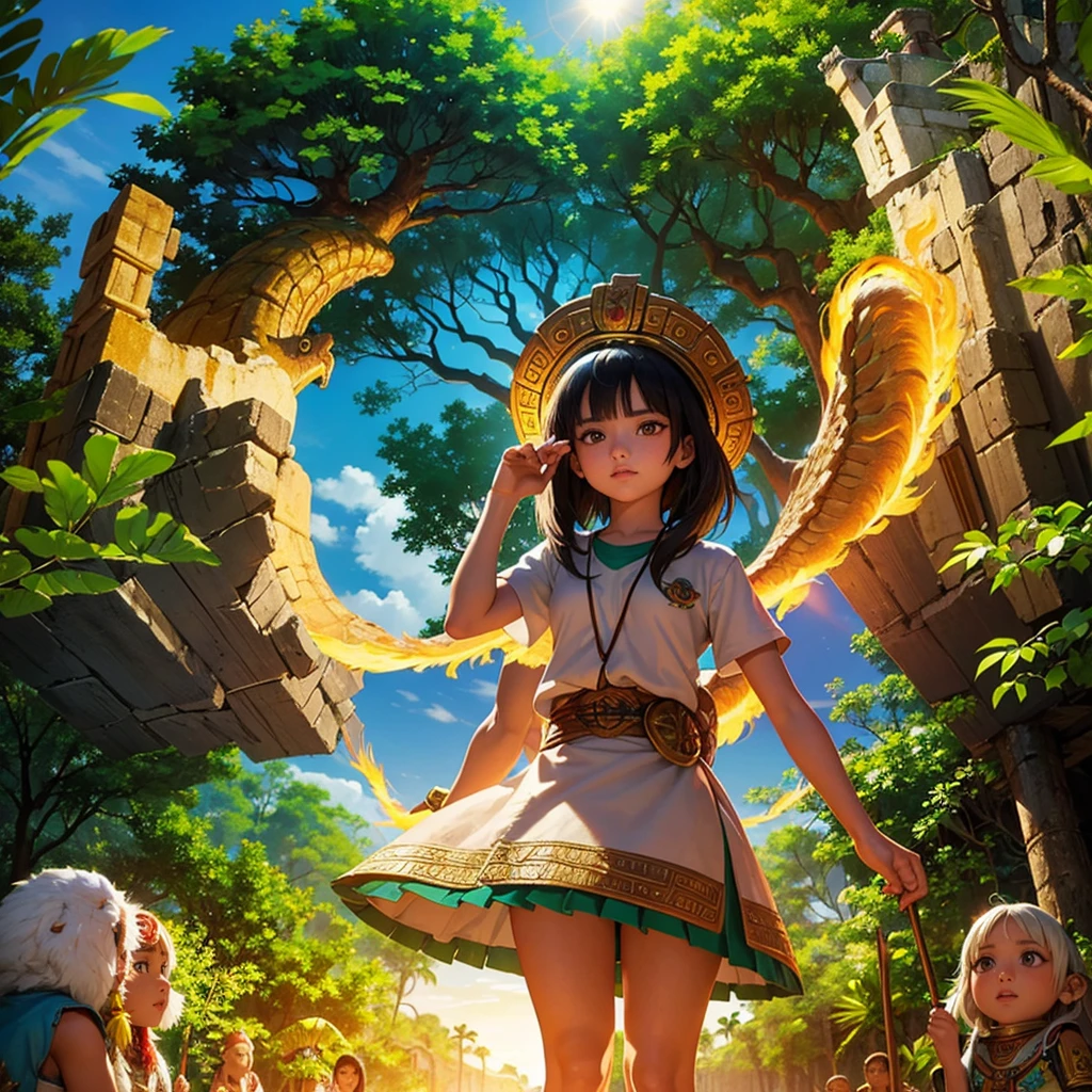 Childish,  high quality、Very detailed、８Year、Mayan Aztec young priestess、Looking up at the flying god Quetzalcoatl Kukulkan and offering prayers、Chichen Itza Temple of the Sun in the Forest、mysterious、
