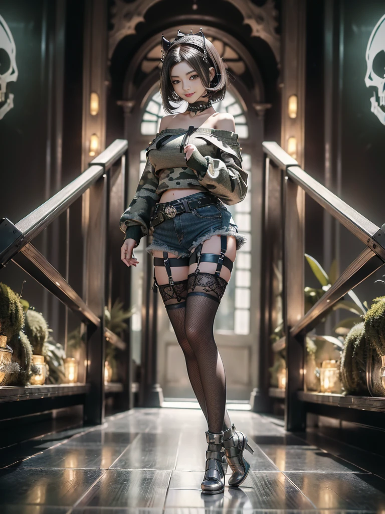 (Full Body View:1.ide view:1.1)、(Beautiful skin, lips and nose:1.4)、(Sg with teeth showing:1.3),(Fashion Model:1.5)、(Gothic Lolita dely decorated battle uniform:1.5)、(Moss green off-shoulder hoodie:1.5)、(Black, silver and white shorts:1.4)、(denim garter belt:1.5)、(Black and camouflage knee socks:1.3)、(Skull Silverssories:1.5)、(Lace collar:1.3)、(Brown Skin Belt:1.4)、(Brown boots:1.2)、(Underwear has polka dots:1.4)、23 years old、((Highest quality、In 8K、masterpiece:1.3))、Sharp focus:1.2、(ed Cut、Huge boobs:1.1),Beautiful woman perfect figure:1.4、(Dancing vigorously:1.3)、Slender Abs:1.2、Highly detaiface and skin texture、Detailed eyes、double eyelid,(Bob Hair:1.3)、(Black brown hair:1.3)、Gravure idol、(The background is a gorgeous fashion show:1.3)、(Slim Body:1.2),(Make your legs er:1.4),(clavicle:1.1)