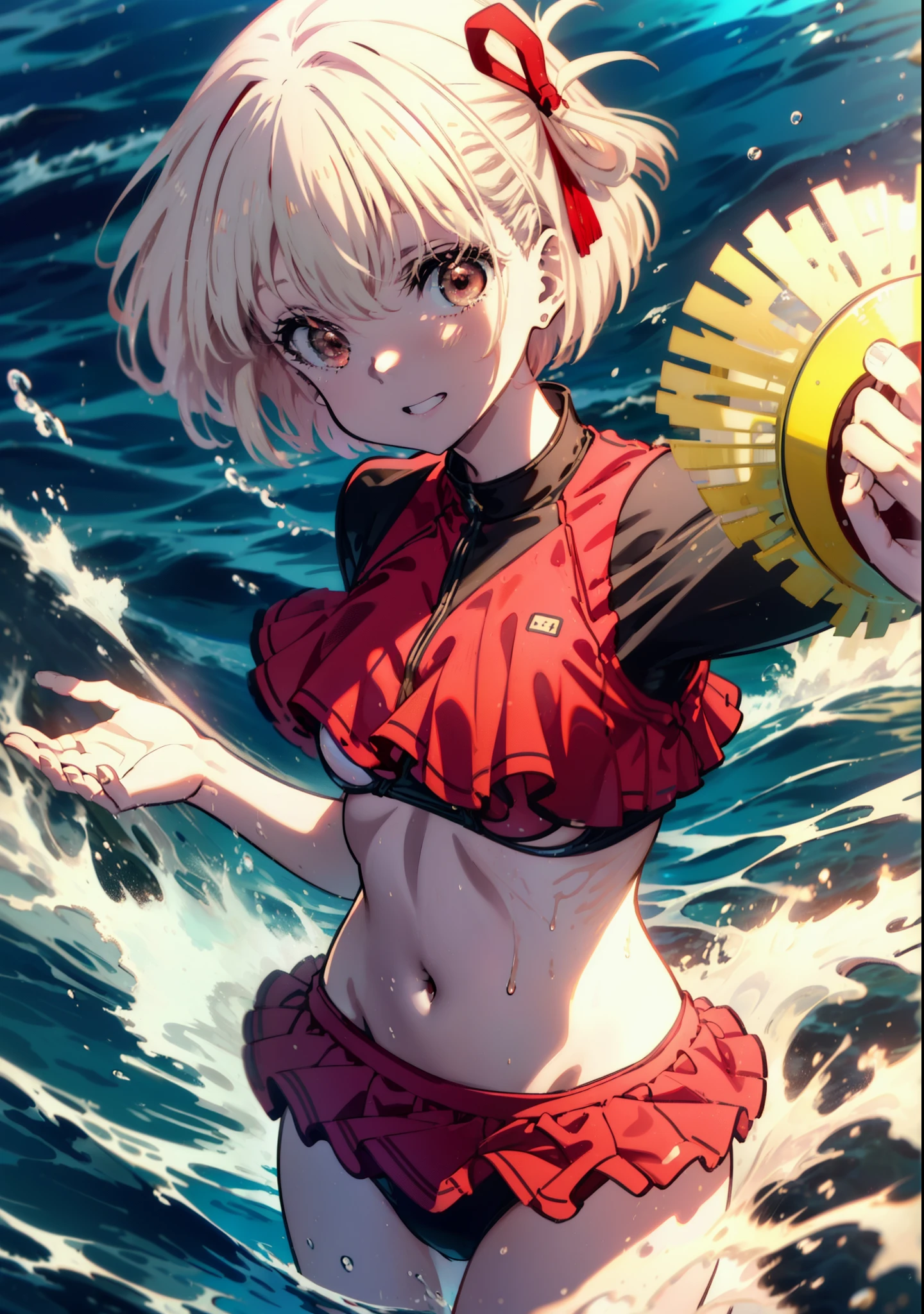  chisato nishikigi, short hair, bangs, blonde, smile,(Red eyes:1.5),Hair Ribbon, One side up, Bobcut,smile,Red frilly bikini swimsuit,barefoot,Wet Skin,Wet swimsuit,Wet Hair,Water Play,Daytime,Clear skies,True Summer,
break outdoors,Beach,
break looking at viewer, whole body,(Cowboy Shot:1. 5),
break (masterpiece:1.2), Highest quality, High resolution, unity 8k wallpaper, (shape:0.8), (Beautiful attention to detail:1.6), Highly detailed face, Perfect lighting, Extremely detailed CG, (Perfect hands, Perfect Anatomy),