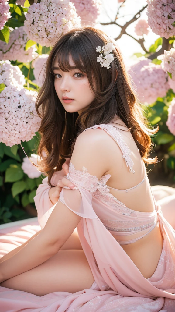 Here is the generated prompt:
A close-up shot of the woman in a soft-contrast dreamy scene, enveloped in a delicate pink fabric wrap with gentle folds and subtle glow, her fair skin and curly brown hair (with bangs) illuminated by this ethereal enshroudment as she slumbers amidst plush hydrangea petals. Brushstrokes whisper pinks, whites, and lilacs, weaving a tapestry of serenity and tranquility. The subject's soft features, adorned with curls and subtle pink hue, are set against a lush verdant background, evoking peaceful reverie.