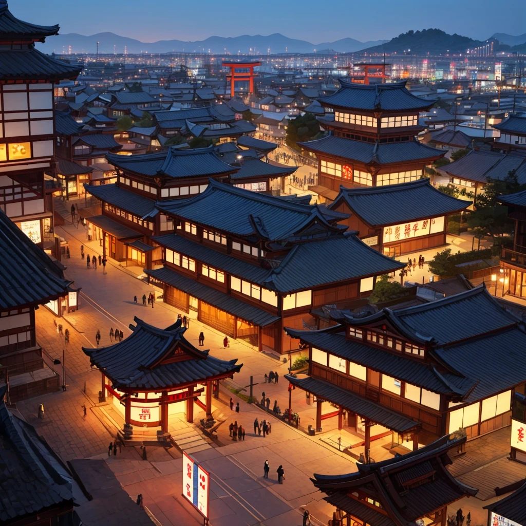 (Bird eye View) Festival in medieval Japanese city, giant torii