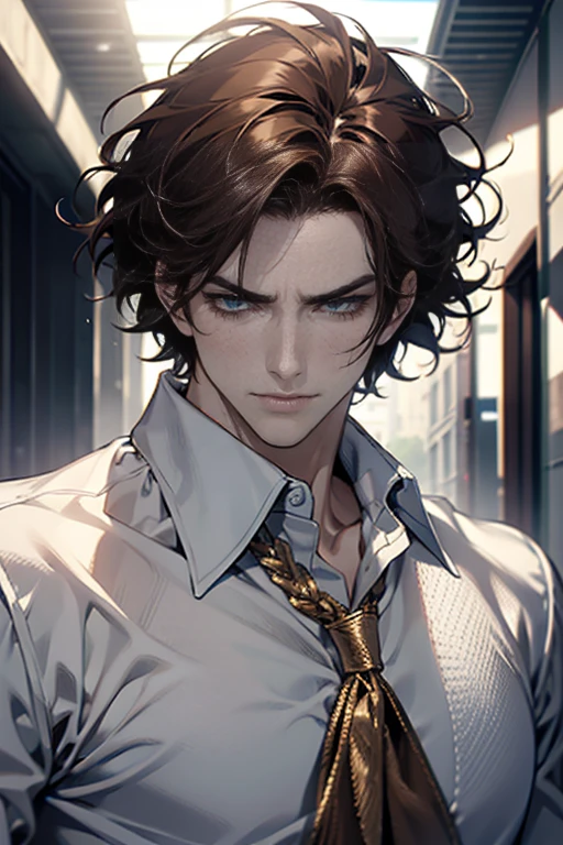 (tmasterpiece, high resolution, ultra - detailed:1.0), (1 male, masculine face), Perfect male body, tall and strong, Adult male, Delicate eyes and delicate face, Extremely detailed CG, Unity 8k wallpaper, Complicated details, Detailed face, (brown hair, messy hair, serious faces, white shirts,Bad students), (frown,evil smile:1.3), stad in school corridor, street style, color difference, Depth of field, dramatic shadow, Ray tracing, Best quality, Cinematic lighting, offcial art,Portrait