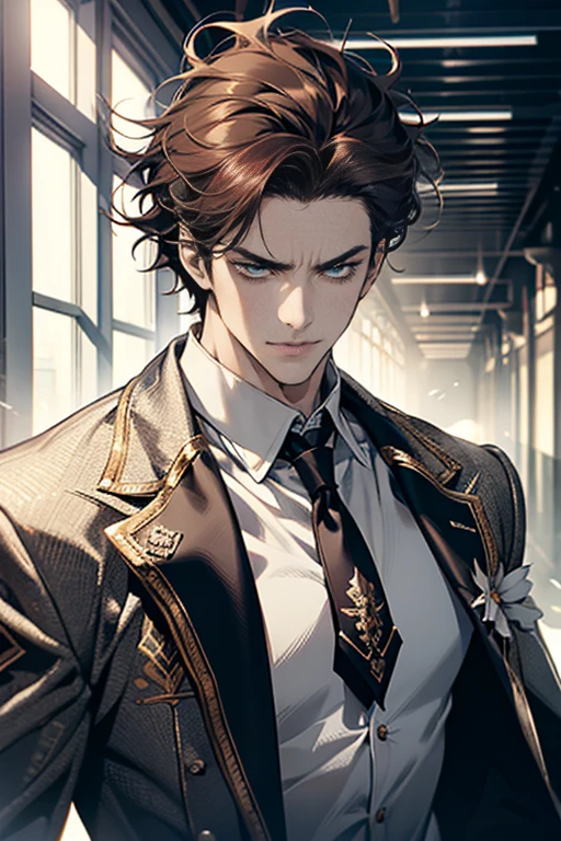 (tmasterpiece, high resolution, ultra - detailed:1.0), (1 male, masculine face), Perfect male body, tall and strong, Adult male, Delicate eyes and delicate face, Extremely detailed CG, Unity 8k wallpaper, Complicated details, Detailed face, (brown hair, messy hair, serious faces, white shirts,Bad students), (frown,evil smile:1.3), stad in school corridor, street style, color difference, Depth of field, dramatic shadow, Ray tracing, Best quality, Cinematic lighting, offcial art,Portrait