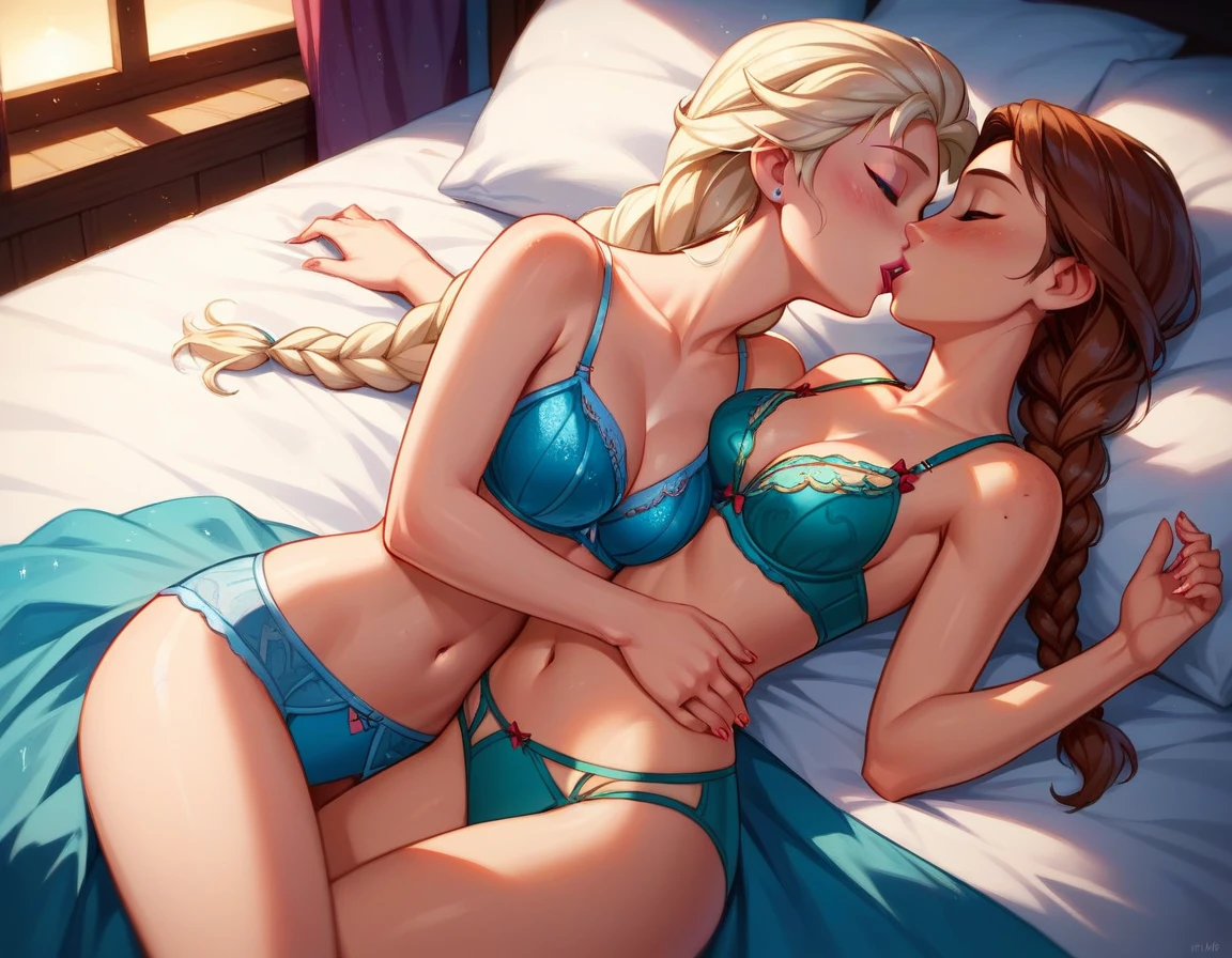 score_9, score_8_up, score_7_up, score_6_up, 2girls, elsa (blonde hair, braid, blue lingerie, navel:1.1) and anna (brown hair, braided pigtails, green lingerie, navel:1.3),, elegant hotel suite, lovers, in love, they are laying on a large luxurious bed, kissing, hugging, (cinematic lighting:1.2),, (sunset:1.2).