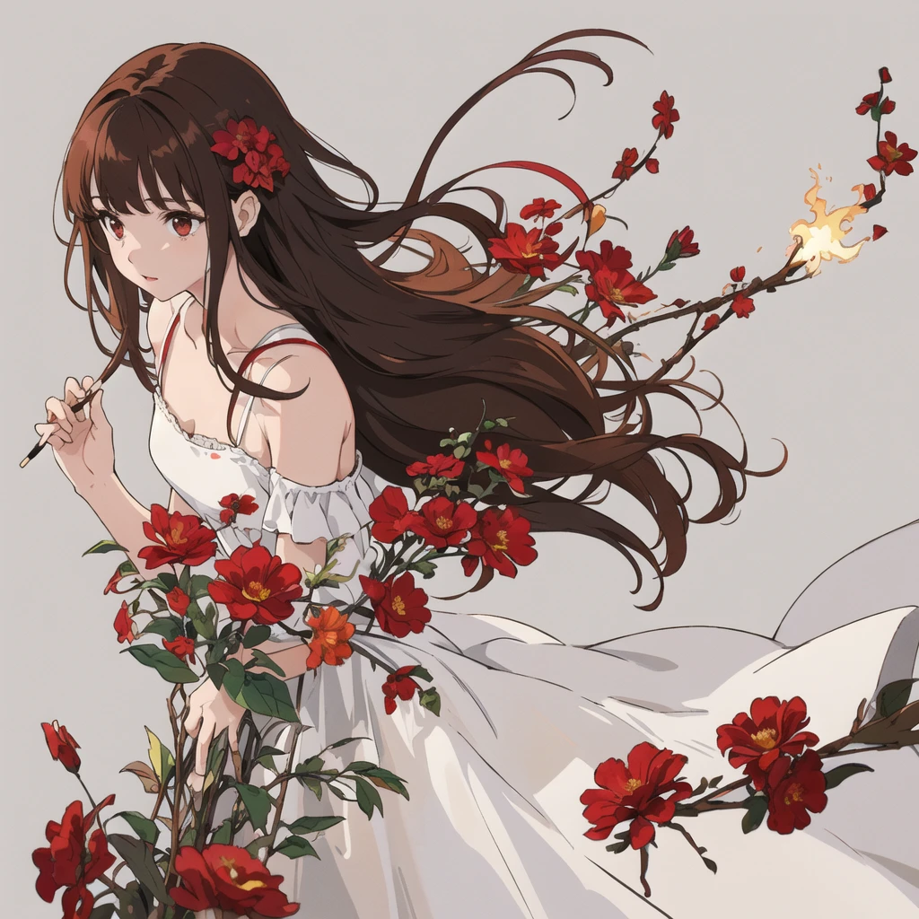 Red flower, female solo in white dress, brown hair, simple, holding a lit match, parted bangs