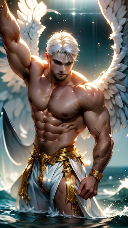 Powerful angel tall handsome strong muscular silky white hair wearing a water and gold sleeveless tunic and wearing shorts being defeated and possessed by a powerful demon 