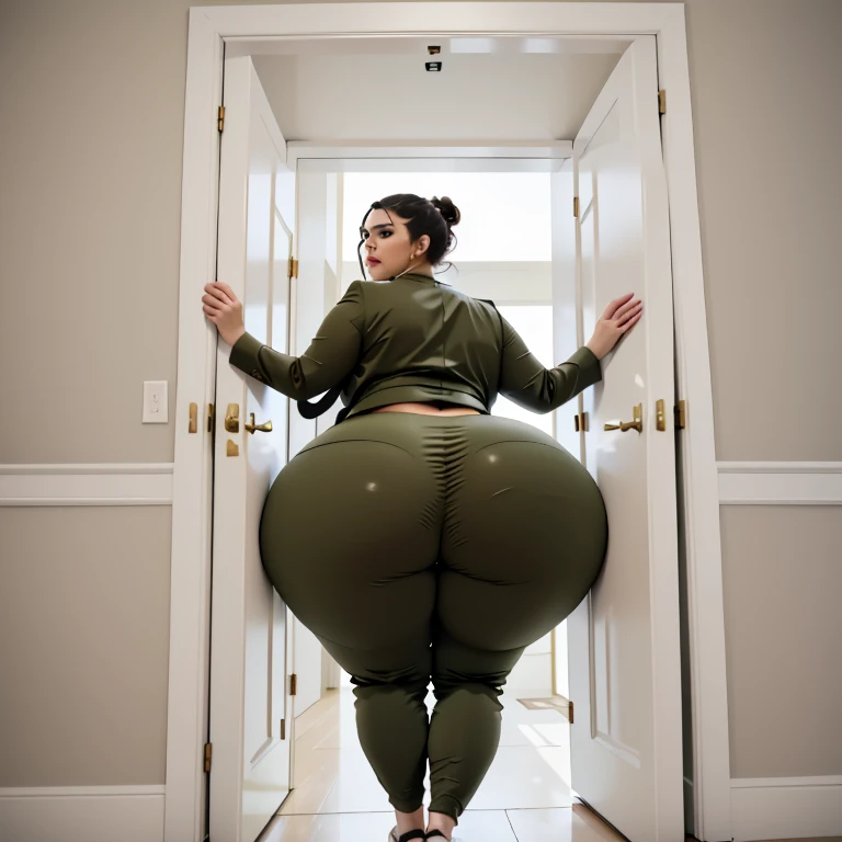 masterpiece, 1girl behind a doorway, from behind, (doorstuck, stuckback:1.3), ssbbw ,huge wide hips, round belly, thick thighs, giant butt,colorful clothing, wearing a olive green suit and tie and formal pants, upset, desperately trying to wiggle through, she tries to free herself but she won't budge, she is stuck tight view from behind, she is too wide, the doorway is quite narrow too, she kicks her legs furiously, trying to wiggle her hips through the small door, but its no good, the door is too small, she keeps trying to squeeze through with frustration, she is stuck too tight