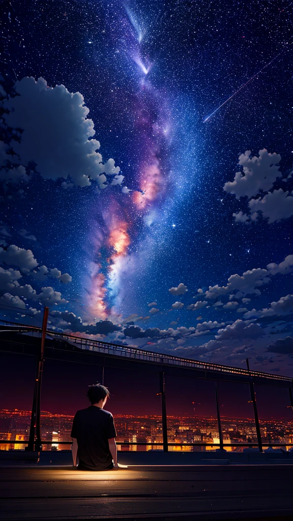 Octane, null, star (null), scenery, starry null, night, One Man, night null, alone, Outdoor, building, cloud, milky way, Sitting, wood, Short Hair, Casual clothing,city, silhouette, cityscape