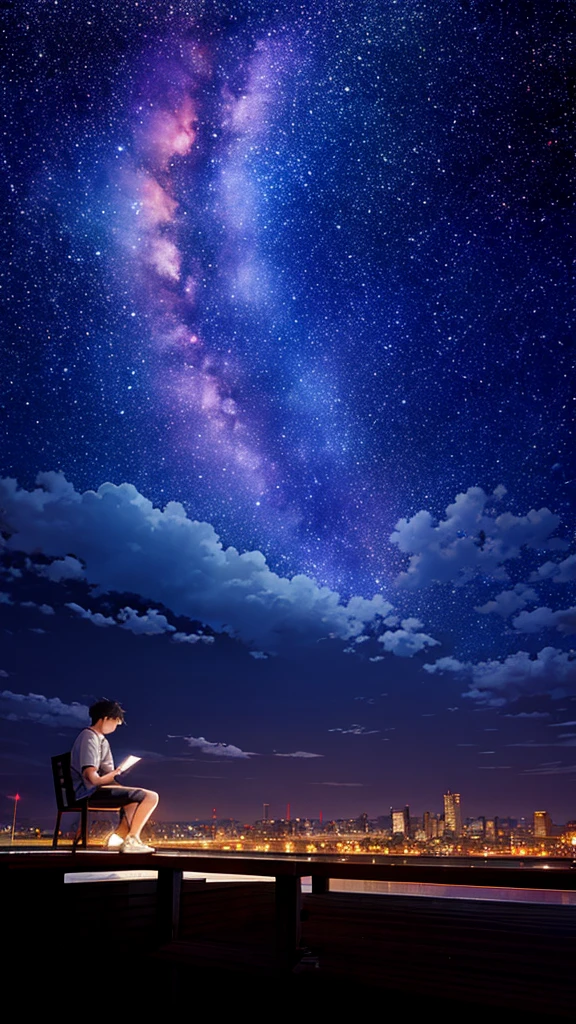 Octane, null, star (null), scenery, starry null, night, One Man, night null, alone, Outdoor, building, cloud, milky way, Sitting, wood, Short Hair, Casual clothing,city, silhouette, cityscape