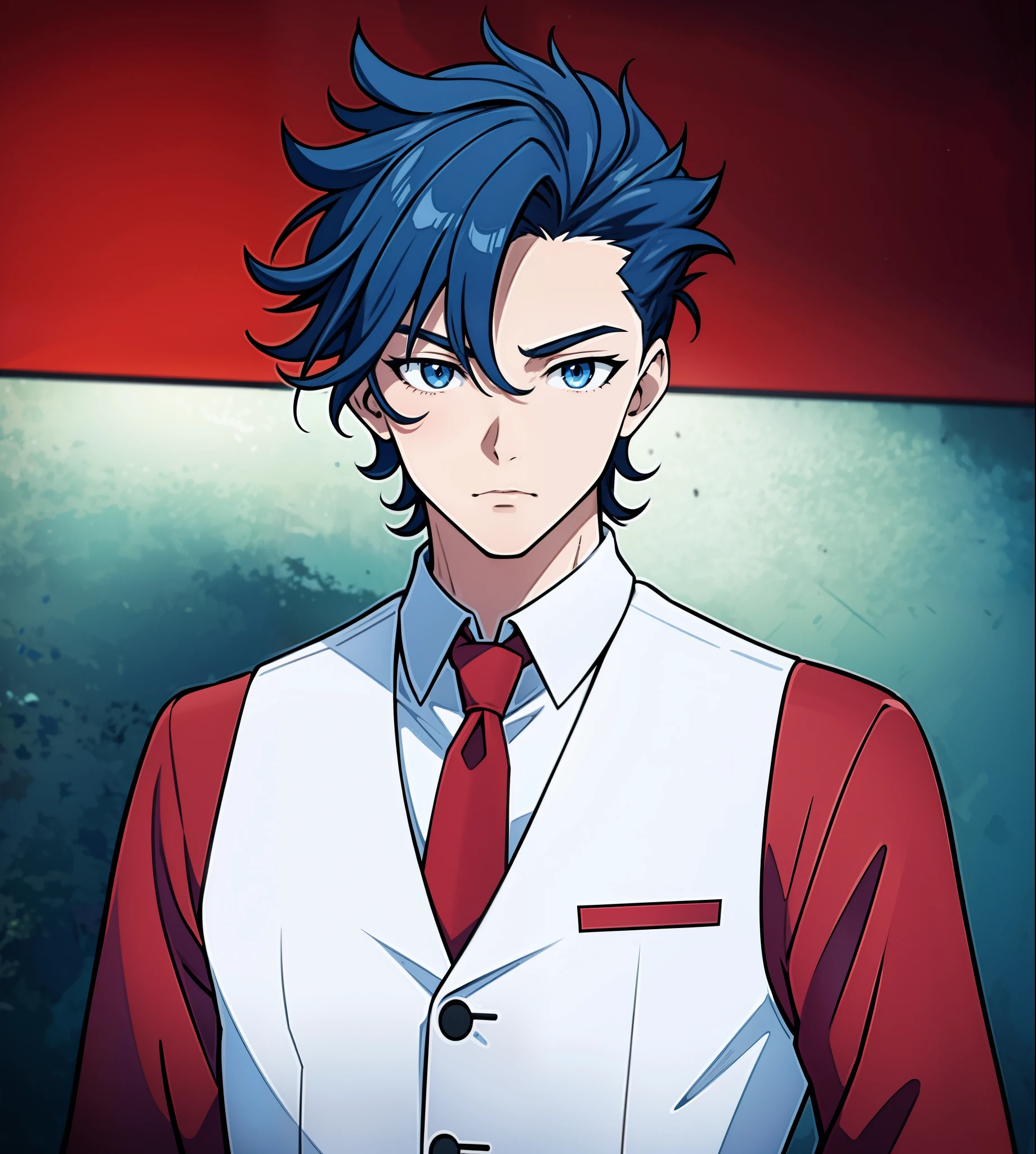 anime boy, bartender, mouth open, mouth agape, talking, dark blue hair, blue eyes, red clothes, white shirt, (beautiful and aesthetic:1. 5), thick black lineart, clean lineart, perfect lineart, moody lighting, gritty, intense, sharp lineart, best quality, high quality, best quality, ultra-detailed, saturated colours, HD,