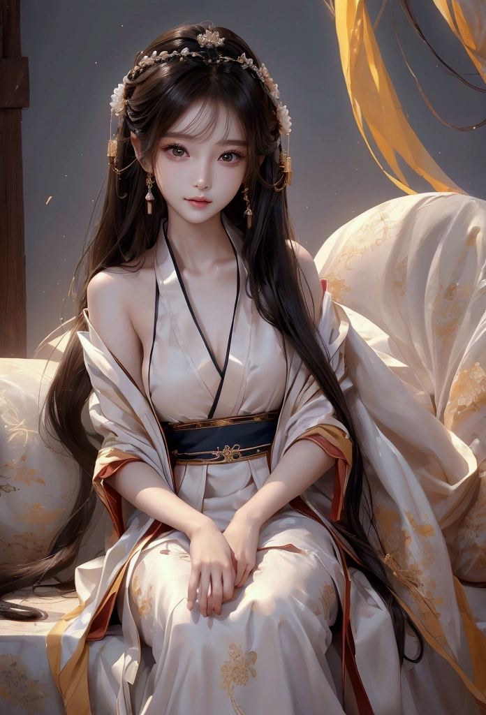 Best image quality、8k、masterpiece:1.3))、Realistic high-quality photos、Highest quality、 Beautiful face、Photos of slim models、Beautiful girl model、Young and pretty face、Beautiful model girl、A lovely and delicate face、Black Hair、Beautiful brown eyes、Young Body、Hanfu, (emphasize)、from the front、Camera gaze,、Anatomically correct、胸の谷間をemphasize、whole body、13-year-old female model、smile