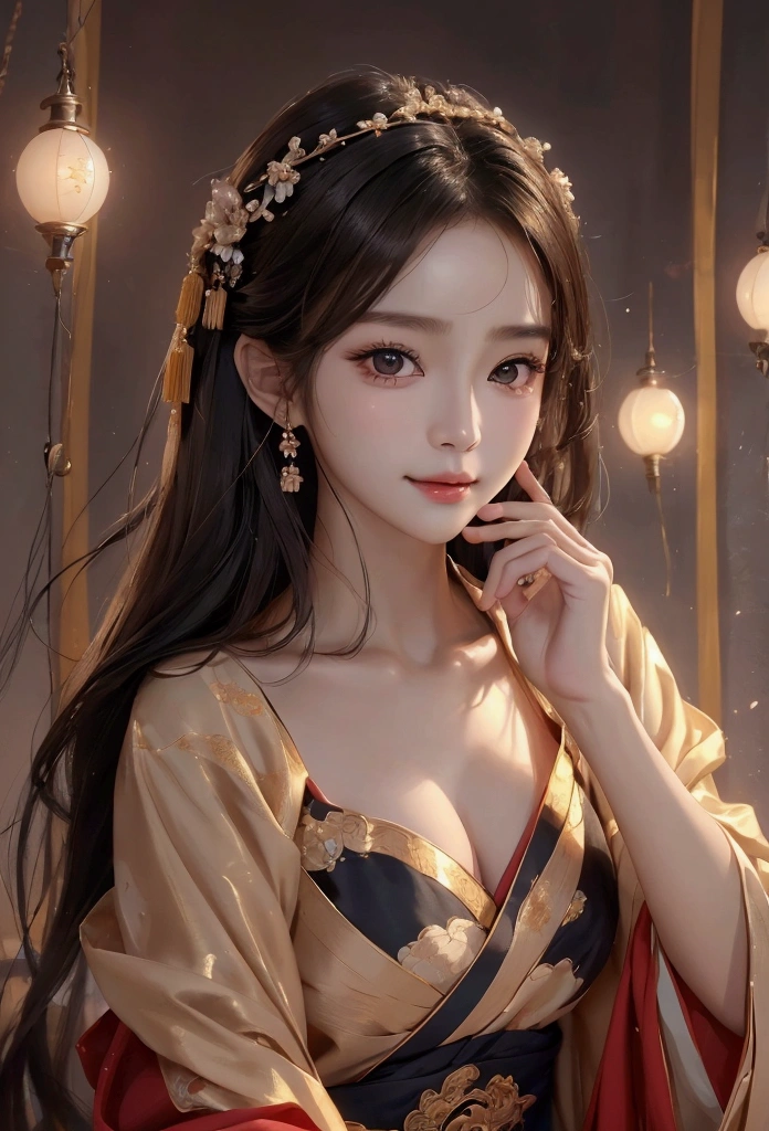 Best image quality、8k、masterpiece：1.3))、Realistic high-quality photos、Highest quality、 Beautiful face、Photos of slim models、Beautiful girl model、Young and pretty face、Beautiful model girl、A lovely and delicate face、Black Hair、Beautiful brown eyes、Young Body、Hanfu, (emphasize)、from the front、Camera gaze,、Anatomically correct、胸の谷間をemphasize、whole body、-yeld fee model、smile