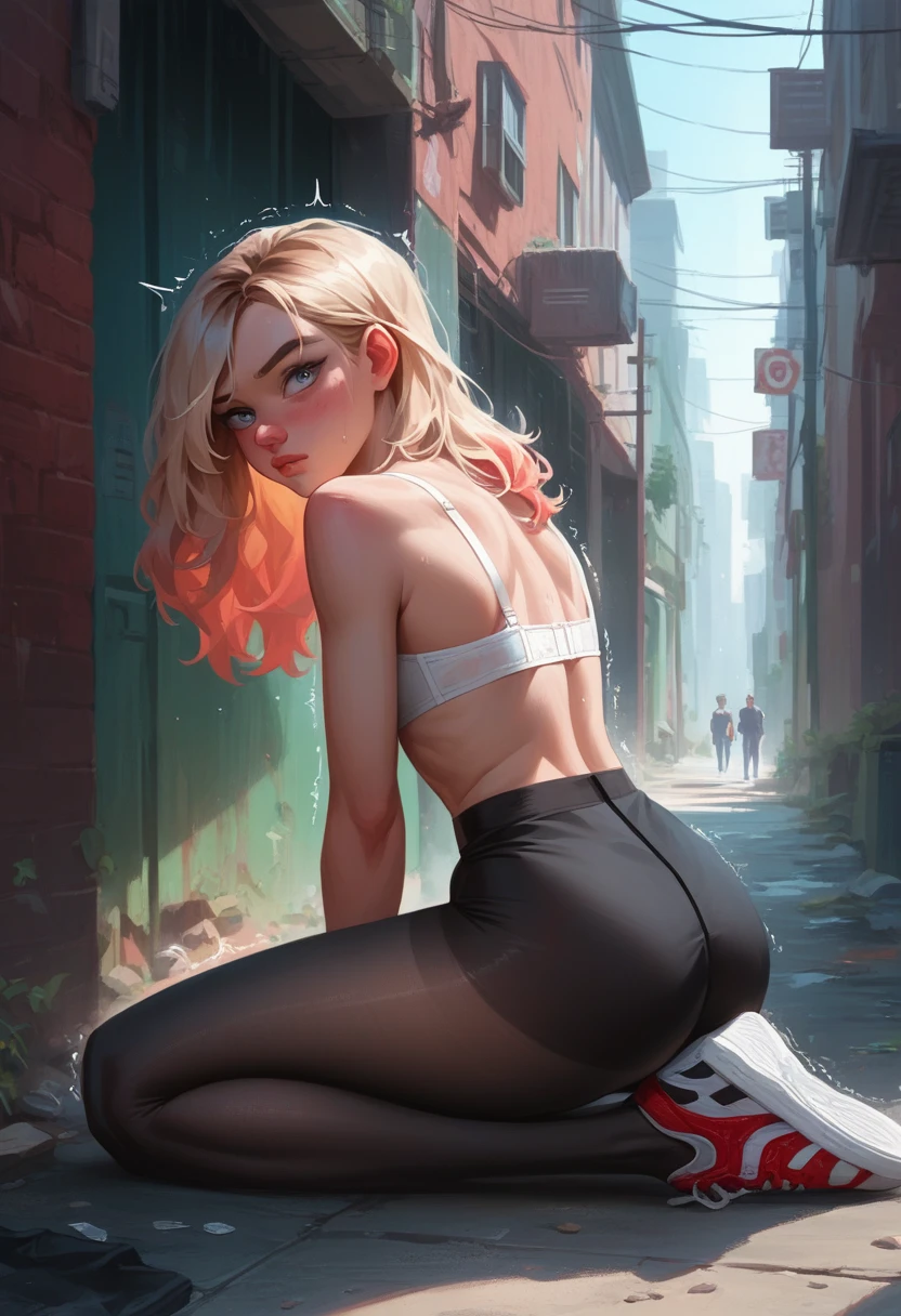 1girl, 18 years old, gwen stacy, small breasts, bigger hips, sitting, Bent down, new york, white bra,changing clothes, gray eyes, blondie hair, long hair, pantyhose, red sneakers, detailing face, detailing body, an abandoned alley, street, trembling, visible trembling, cold, black pantyhose,cinematic lighting, cowboy shot, back pack, pants