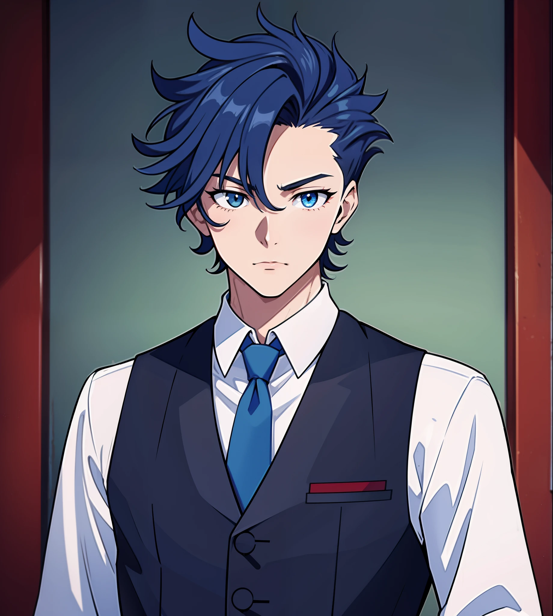 anime boy, bartender, mouth open, mouth agape, talking, dark blue hair, blue eyes, red clothes, white shirt, (beautiful and aesthetic:1. 5), thick black lineart, clean lineart, perfect lineart, moody lighting, gritty, intense, sharp lineart, best quality, high quality, best quality, ultra-detailed, saturated colours, HD,