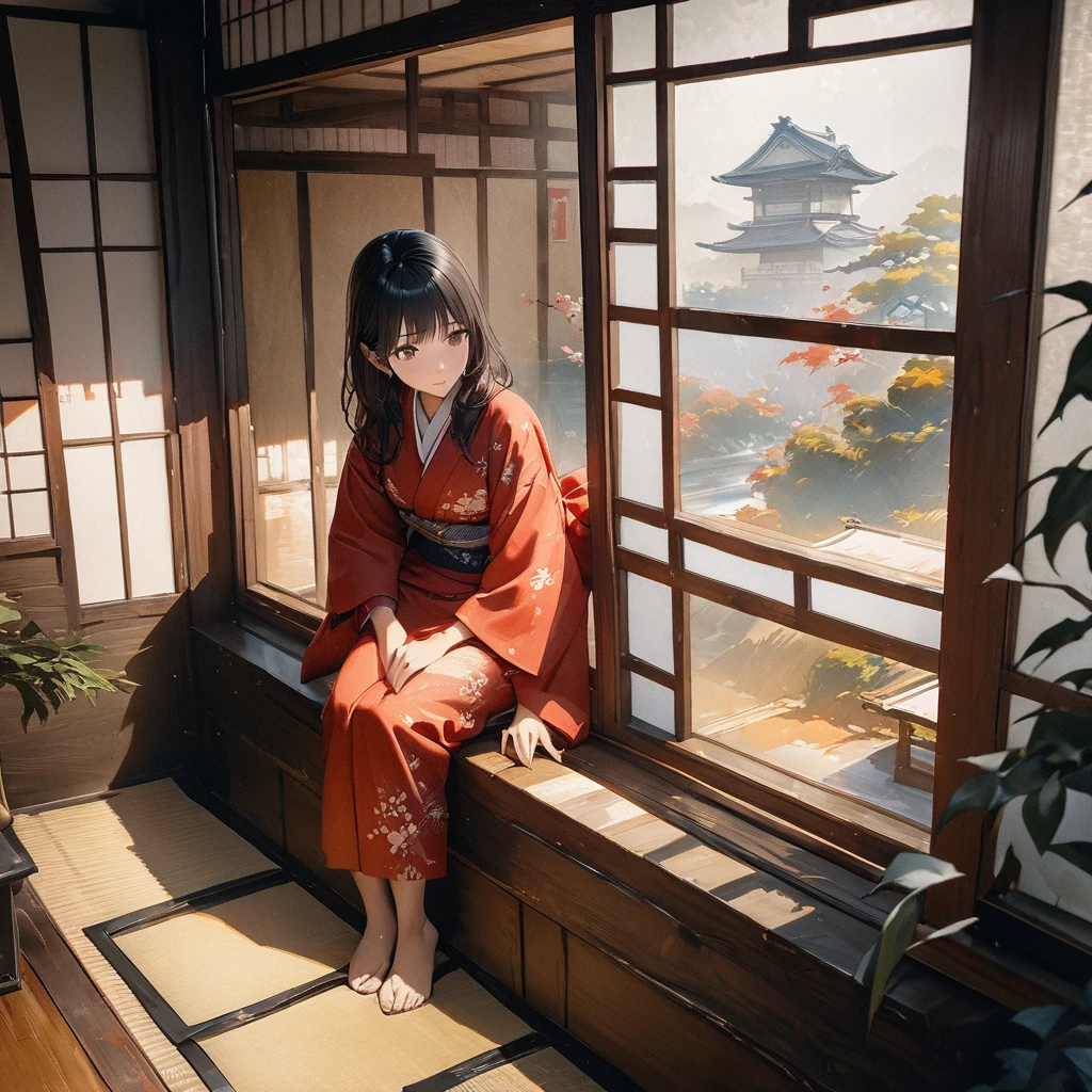 Girl, Ink Painting, In the tranquility of a traditional Japanese room, A girl wearing a kimono is sitting upright, Her eyes were fixed on the window pane.. , Panoramic View, 8k,((masterpiece:1.4, Highest quality)), Black Hair, Brown eyes, (Depth of written boundary:1.3), Lower Body, High quality scenes, Vivid and photorealistic, Super detailed, 8k, masterpiece, elegant, Beautiful summer sky, Warm atmosphere, Clear lines, Official Art, Professional, Ultra high definition