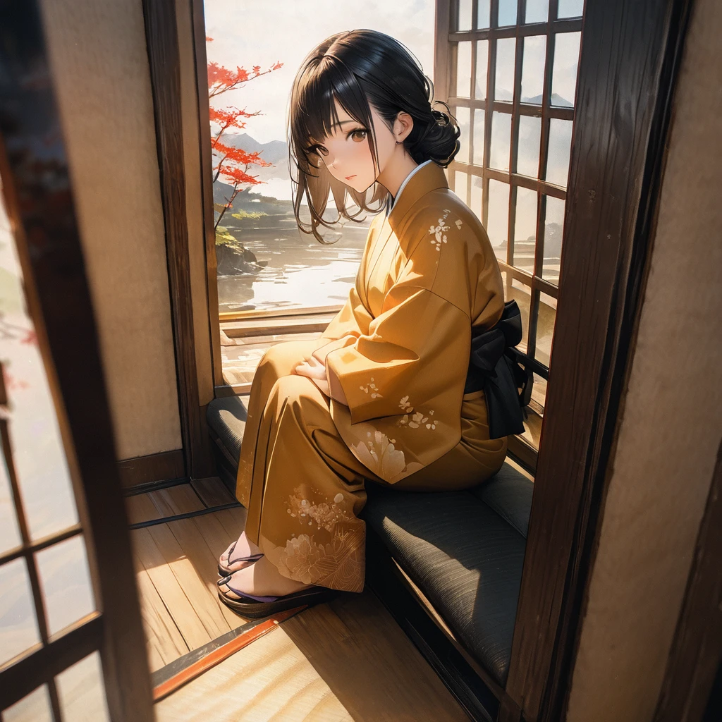 Girl, Ink Painting, In the tranquility of a traditional Japanese room, A girl wearing a kimono is sitting upright, Her eyes were fixed on the window pane.. , Panoramic View, 8k,((masterpiece:1.4, Highest quality)), Black Hair, Brown eyes, (Depth of written boundary:1.3), Lower Body, High quality scenes, Vivid and photorealistic, Super detailed, 8k, masterpiece, elegant, Beautiful summer sky, Warm atmosphere, Clear lines, Official Art, Professional, Ultra high definition
