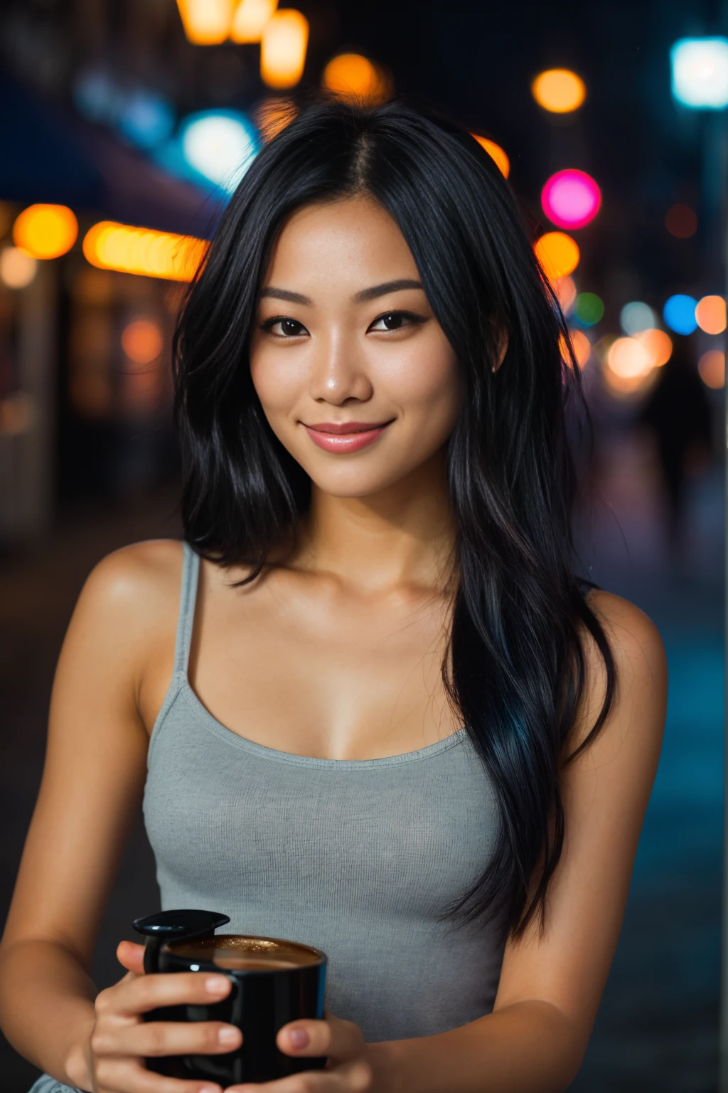 arafed woman with black hair with blue high lights sitting on the beach, flowing black hair, with long black hair, photo of a beautiful woman, long flowing pink hair, pink golden hour, curly pink hair, beautiful young asian woman, beautiful asian woman, wild ginger hair, pink wispy hair, light pink hair, a young asian woman, an asian woman, infp young woman, (straight half of the torso: 1.4), Portrait photo of a 24-year-old french girl in RAW UHD format (Brown-eyed woman) Walk down the dark alley, night city, Details (textures! , Hair! , glistering, Color!! , imperfections: 1.1), highly detailed glossy eyes (looking at the camera), DSLR Lighting, SLR camera, Ultra-Quality, sharpness, Depth of field, Film grain (Downtown), Fujifilm XT3, Crystal clear, Frame Center, beatiful face, sharp-focus, street, neon lighting, bokeh (dimly lit), night time, (night sky), detailed skin pores, oilly skin, suntan, Complex eye details, ((mug of coffee in hand)), realistic hands, (smiling)