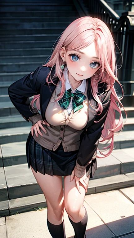 (masterpiece:1.2, highest quality), (realistic, photorealistic:1.4), beautiful illustrations, (natural side lighting, movie lighting), looking at the viewer, Upper body, (Front view), 1 girl, perfect face, Cute symmetrical face, shiny skin, baby face, long eyelashes, (large breasts), (wide hips),beautiful hair, beautiful face, fine and beautiful eyes, beautiful body, beautiful breasts, beautiful thighs, beautiful feet, beautiful fingers,(beautiful scenery),(lovely smile:1.2, upper grade), japanese, high school girl,(long hair:1.8, straight hair:1.7, light pink hair), parted bangs, emerald green eyes, long eye lasher, (thick thighs),full body seen, Dynamic Angle, Perfect body,  ((red bowtie, , Black jacket, Open jacket, Brown cardigan, White shirt, Black skirt, plaid skirts)), City staircase,(Looking up from the bottom of the stairs),Very embarrassing panic smile,turned around,(bending forward:1.4),