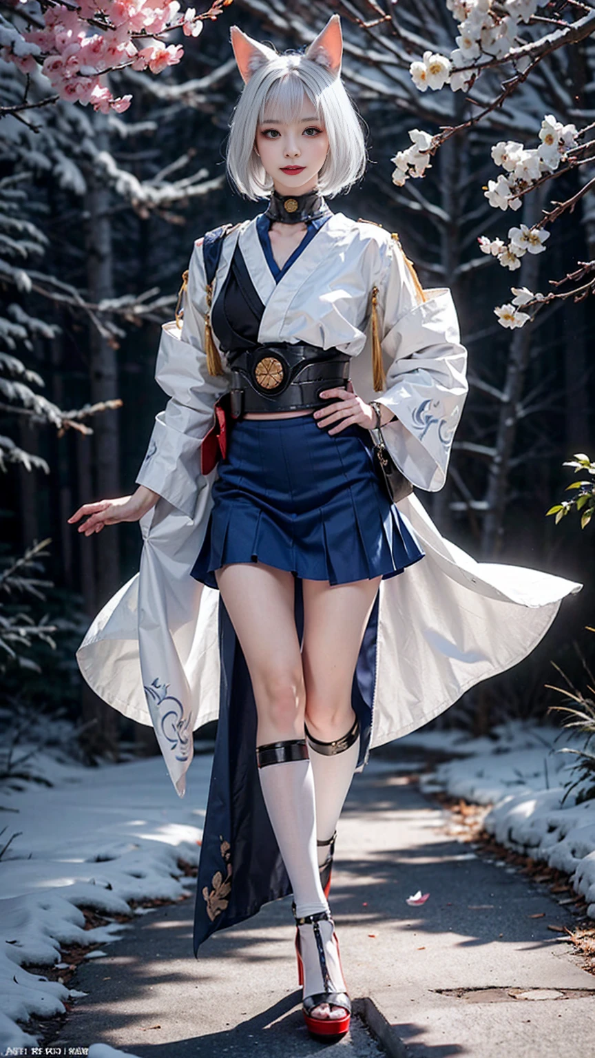 Masterpiece, Best Quality, 16K, UHD, Very High Resolution, (Realistic:1.45), RAW Photo, (Realistic _ Photorealistic Raw Photo), (Full Body), (Full Shot), Standing, Natural Pose, Professional Photo, Official Art , Kaga _ \(Azur lane \),  Kaga_cosplay,  Kaga_costume cosplay, 1 girl, white fox ears and fox tail, white hair, white short hair, beautiful face, eyes, nose, mouth, red lips, shiny Lips, very realistic skin texture, white skin, body with perfect proportions, slim and beautiful body, perfect pretty hands, fingers, perfect proportions, beautiful long legs, kimono in white-blue color, short skirt in blue, cherry blossom in white Blue short skirt with Moon Hee, walking in the forest, high heels, dark red eyes, animal ears, white fox ears, fluff, winter fluff, tail, white fox tail, multiple tails, smile, round big breasts, round big Hip, day, light, realistic light, realistic textured skin, super detail,