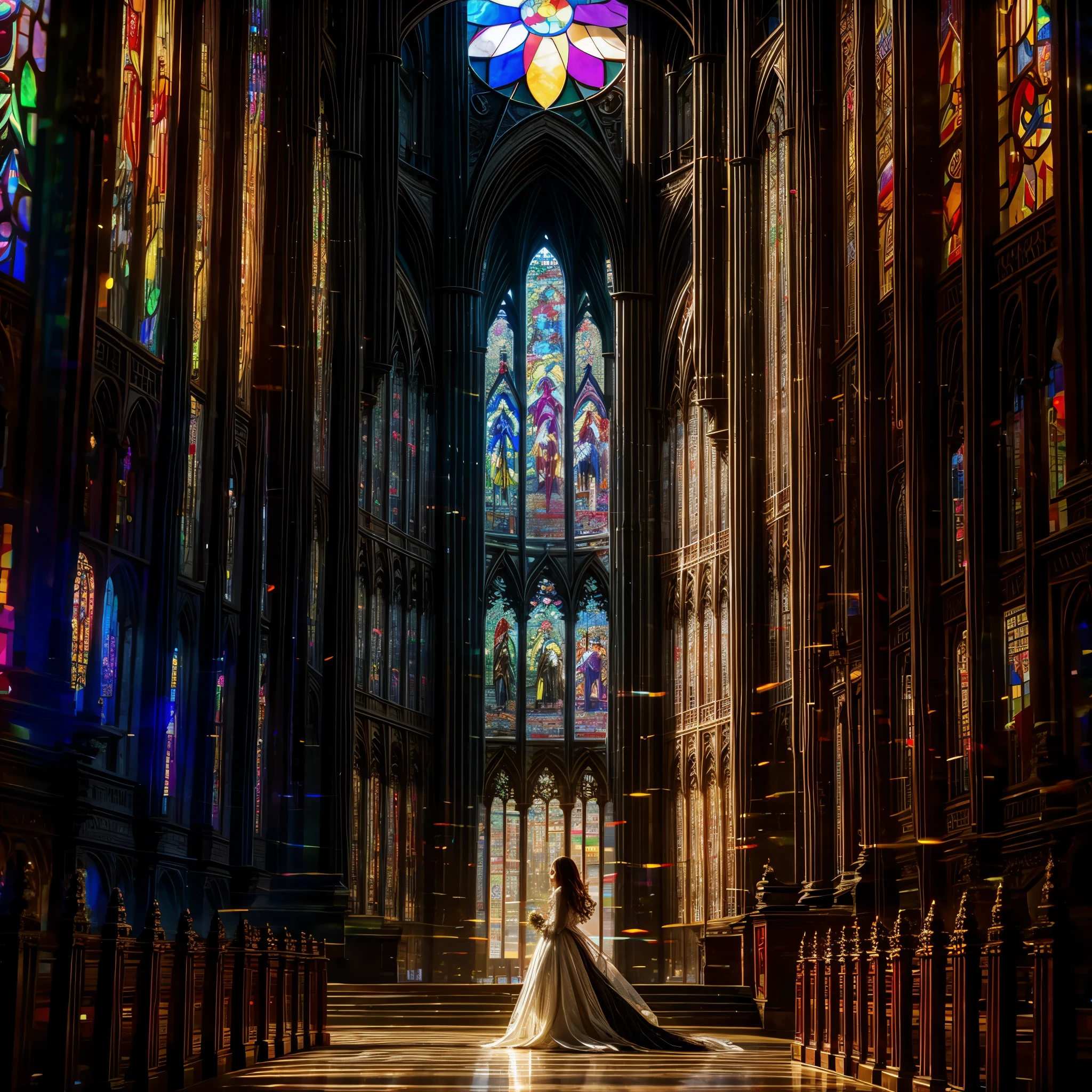 Red carpet (Cathedral from below:1.28) VolumetricLighting (FullBody ZoomedOut:1.28 Wide-shot) ZoomLayer (BokeH:1.32), TopQuality 8K masterpiece of ((Professional photo)), (((Clarisse de Cagliostro))) (Detailed Delicate White Dresses), Chain, Extremely detailed (KAWAII face) {(VeiledFace)|BlondeHair|(Spanking BuleEyes)}, The background is distant (((Elaborate stained glass))) Rainbow Glass, (MysticSight) {(GodRays)|Haze|TyndallEffect}, Radiant PearlSkin with Transparency, (Exposed:0.38)