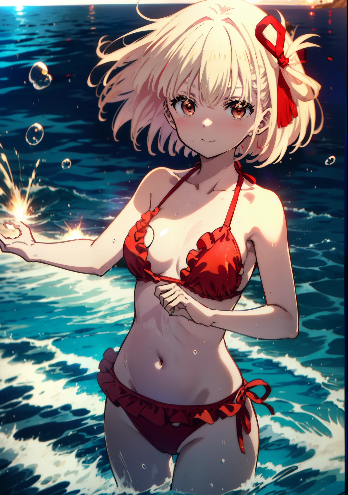 chisato nishikigi, short hair, bangs, blonde, smile,(Red eyes:1.5),Hair Ribbon, One side up, Bobcut,smile,Red frilly bikini swimsuit,barefoot,Wet Skin,Wet swimsuit,Wet Hair,Water Play,Daytime,Clear skies,True Summer,
break outdoors,Beach,
break looking at viewer, whole body,(Cowboy Shot:1. 5),
break (masterpiece:1.2), Highest quality, High resolution, unity 8k wallpaper, (shape:0.8), (Beautiful attention to detail:1.6), Highly detailed face, Perfect lighting, Extremely detailed CG, (Perfect hands, Perfect Anatomy),